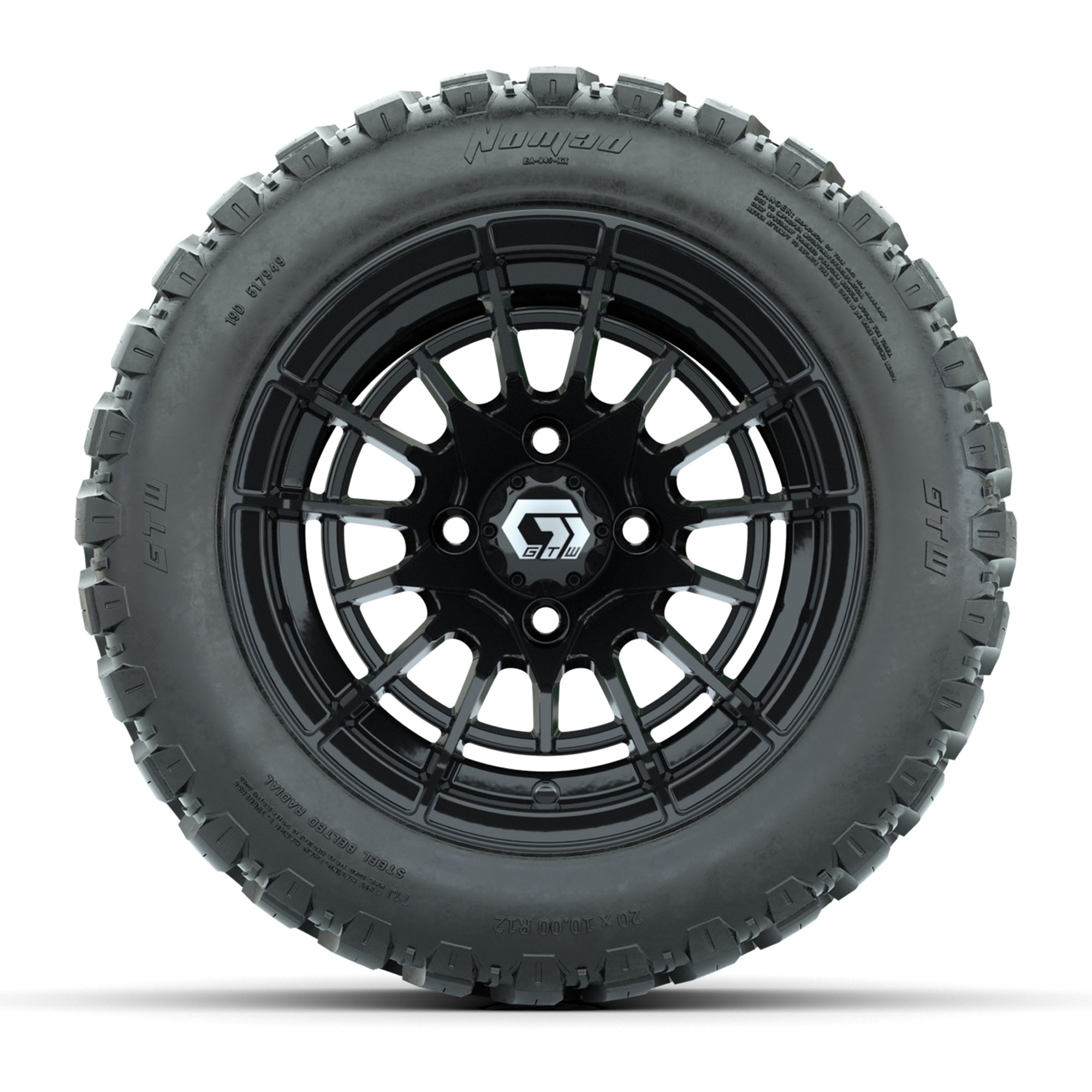 GTW® Boost Gloss Black 12 in Wheels with 20X10-12 Nomad Steel Belt Radial All-Terrain Tires – Full Set