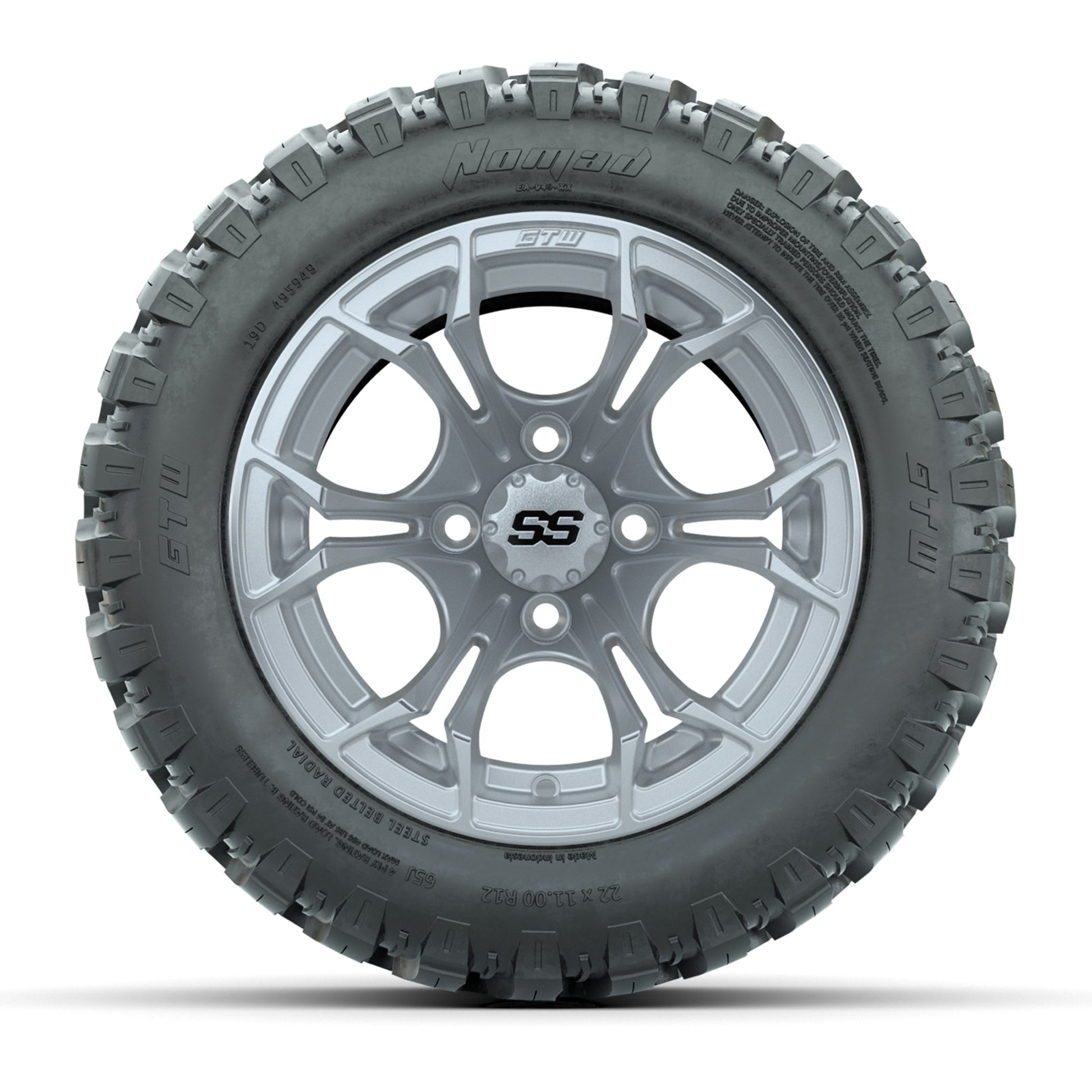 GTW® Spyder Silver Brush 12 in Wheels with 22X11-R12 Nomad Steel Belt Radial All-Terrain Tires – Full Set
