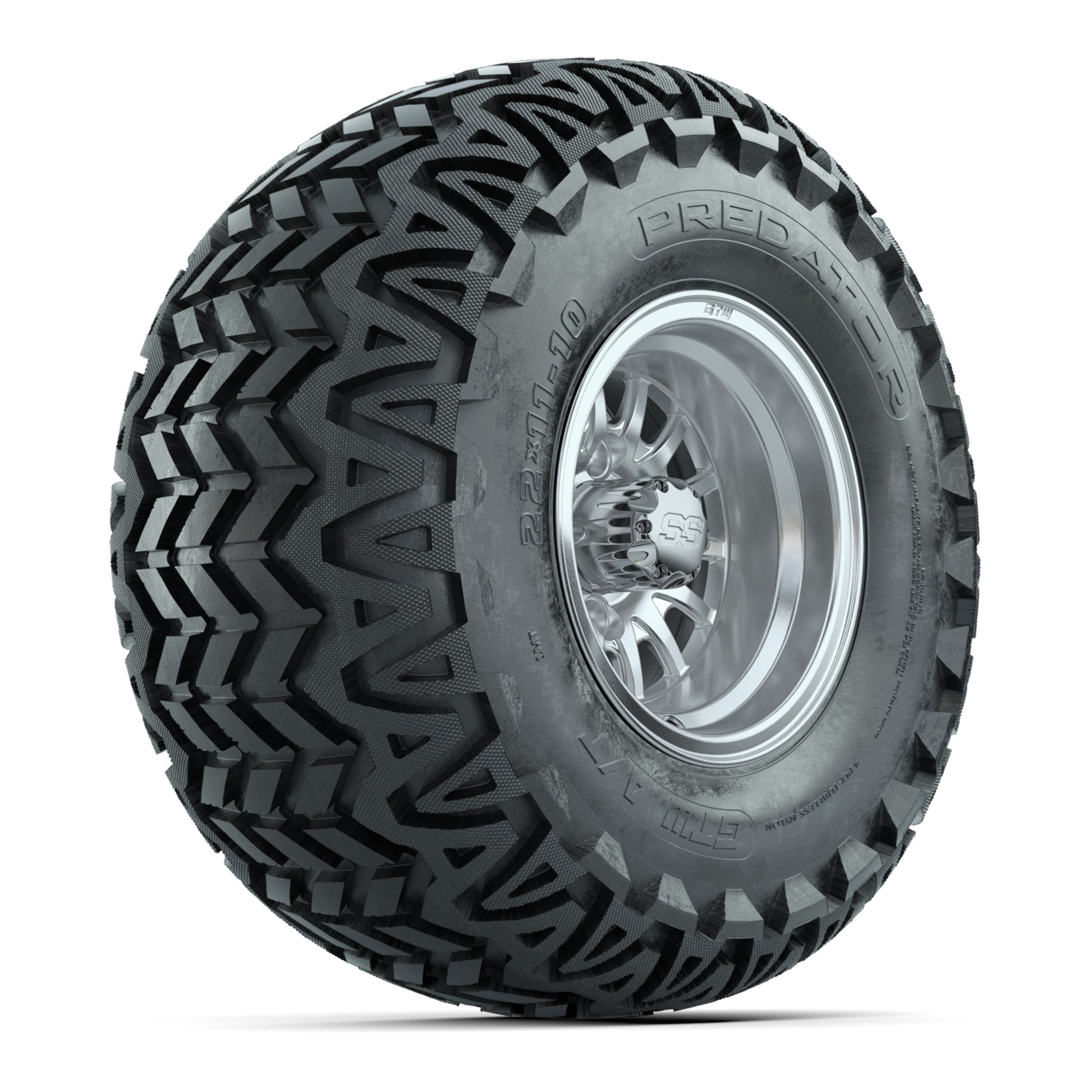 GTW Medusa Silver and Machined Wheels with 22in Predator A-T Tires - 10 Inch