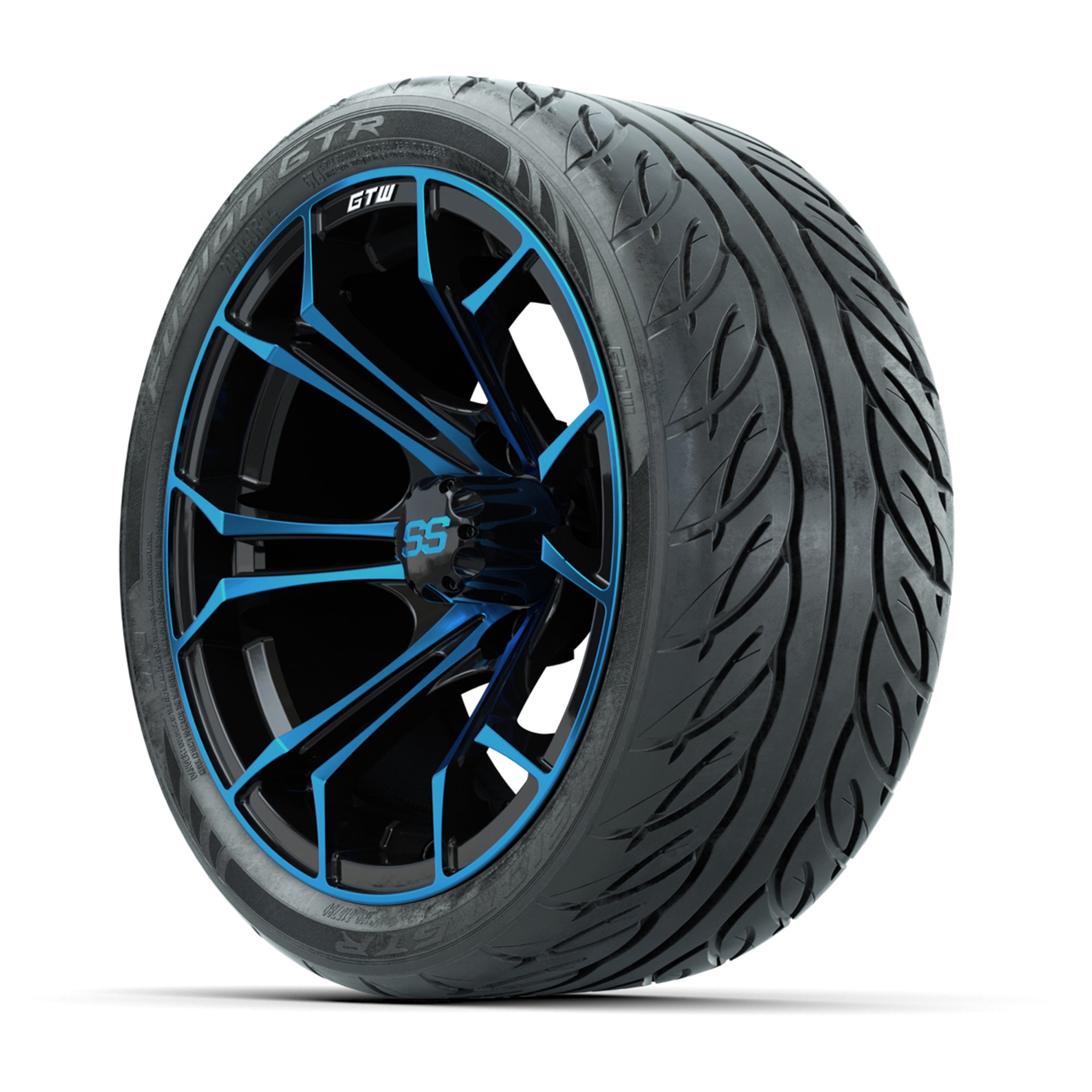GTW® Spyder Black/Blue 14 in Wheels with 205/40-R14 Fusion G - 3/4 view