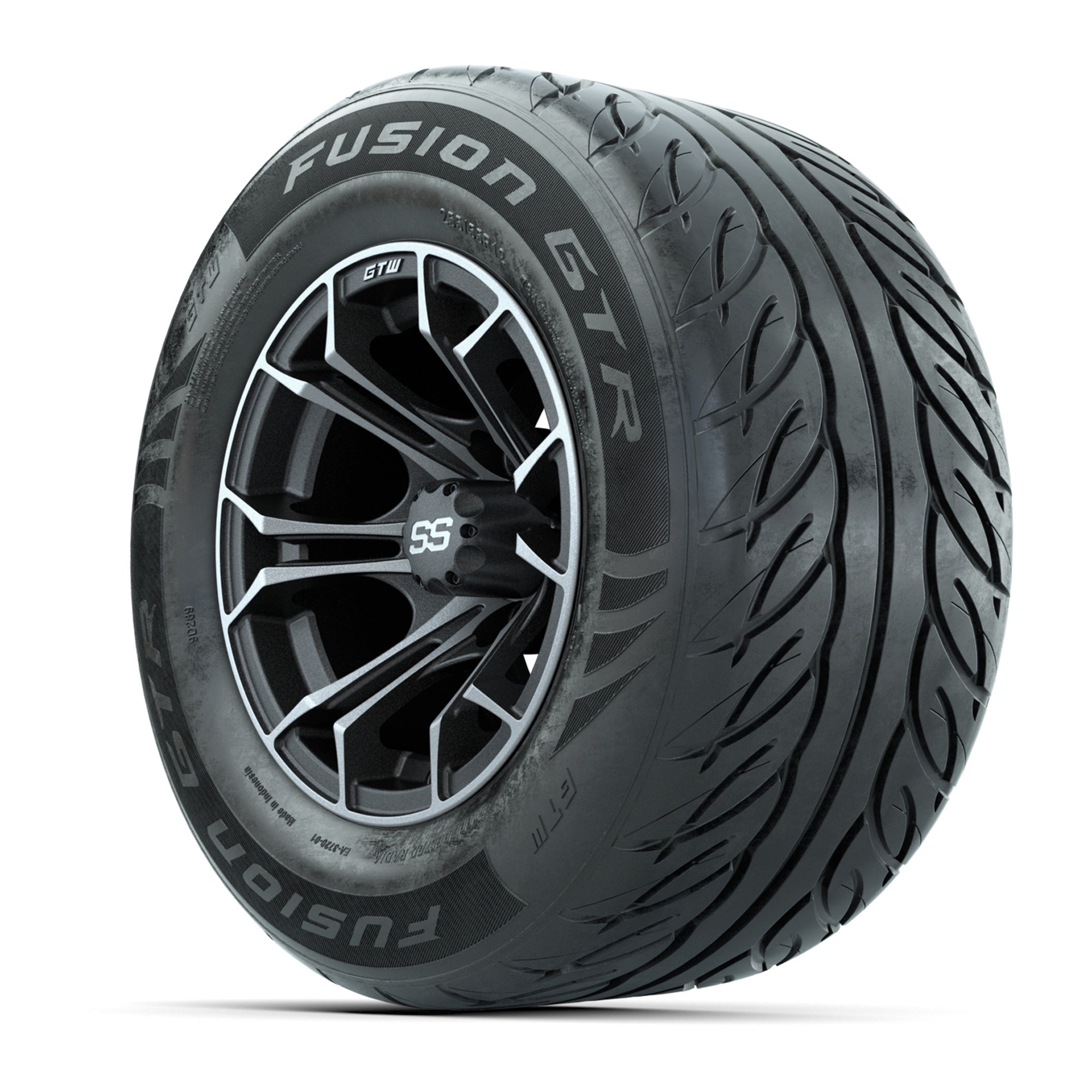GTW® Spyder Matte Gray/Machined 12 in Wheels with 255/55-R12 Fusion GTR Steel Belt Radial Street Tires – Full Set