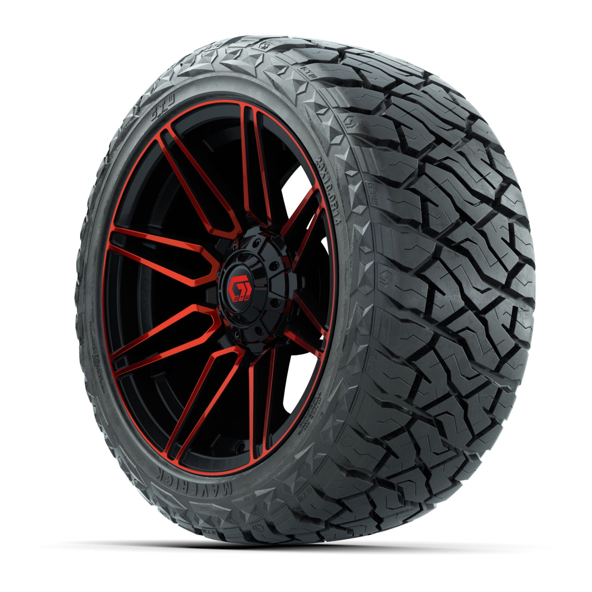 GTW Stealth Gloss Black/Red 14 in Wheels with 23x10.00-R14 M - 3/4 view
