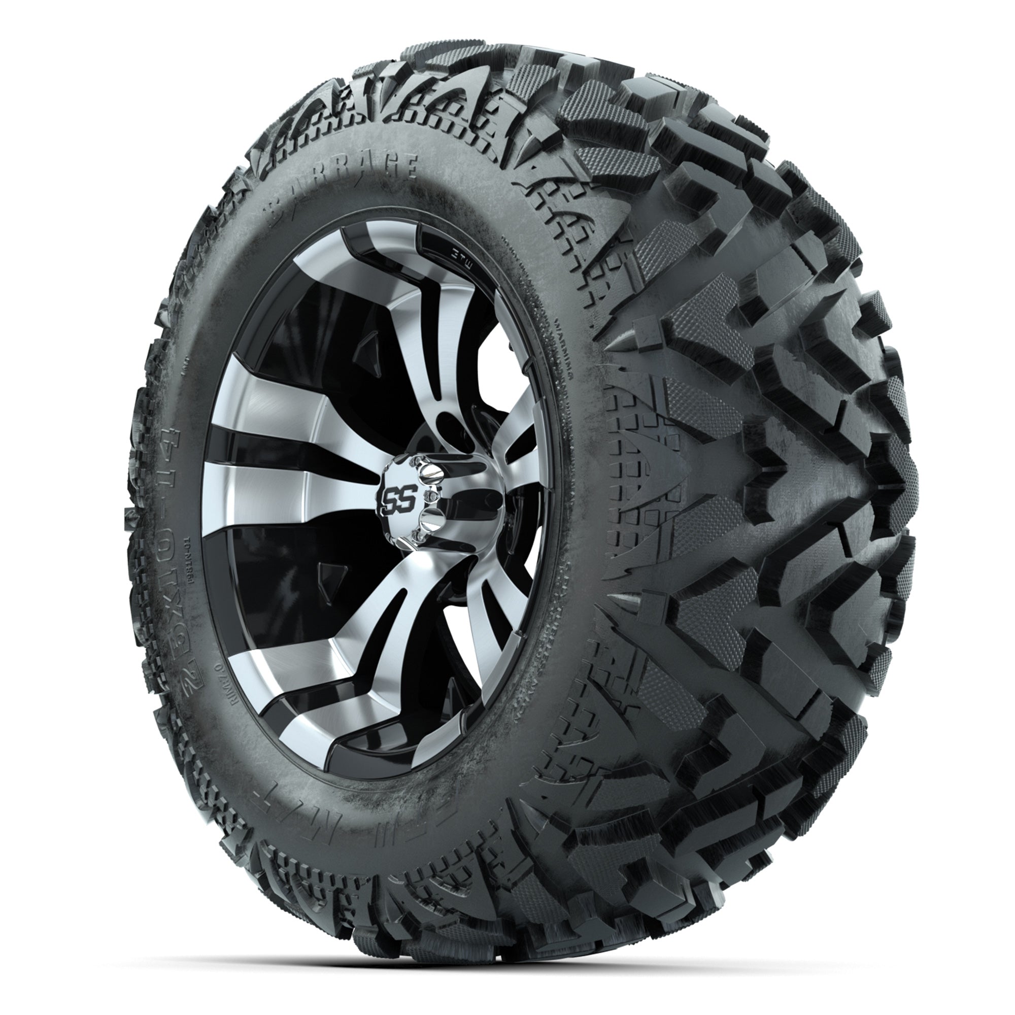 GTW Vampire Black/Machined 14 in Wheels with 25x10-14 Barrag - 3/4 view