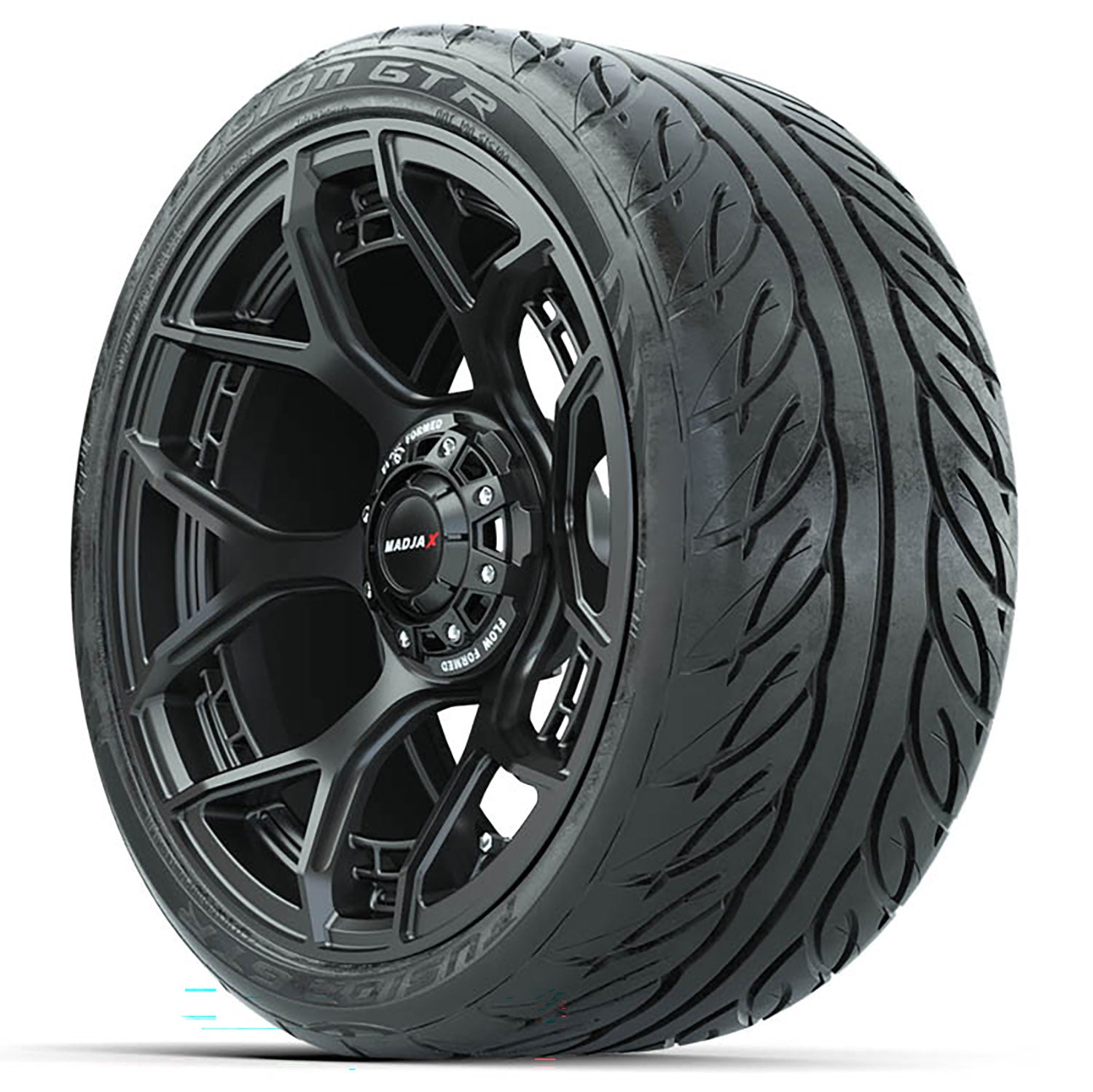 Madjax 15 inch Flow Form matte black wheels with Fusion GTR street tires - Set of Four