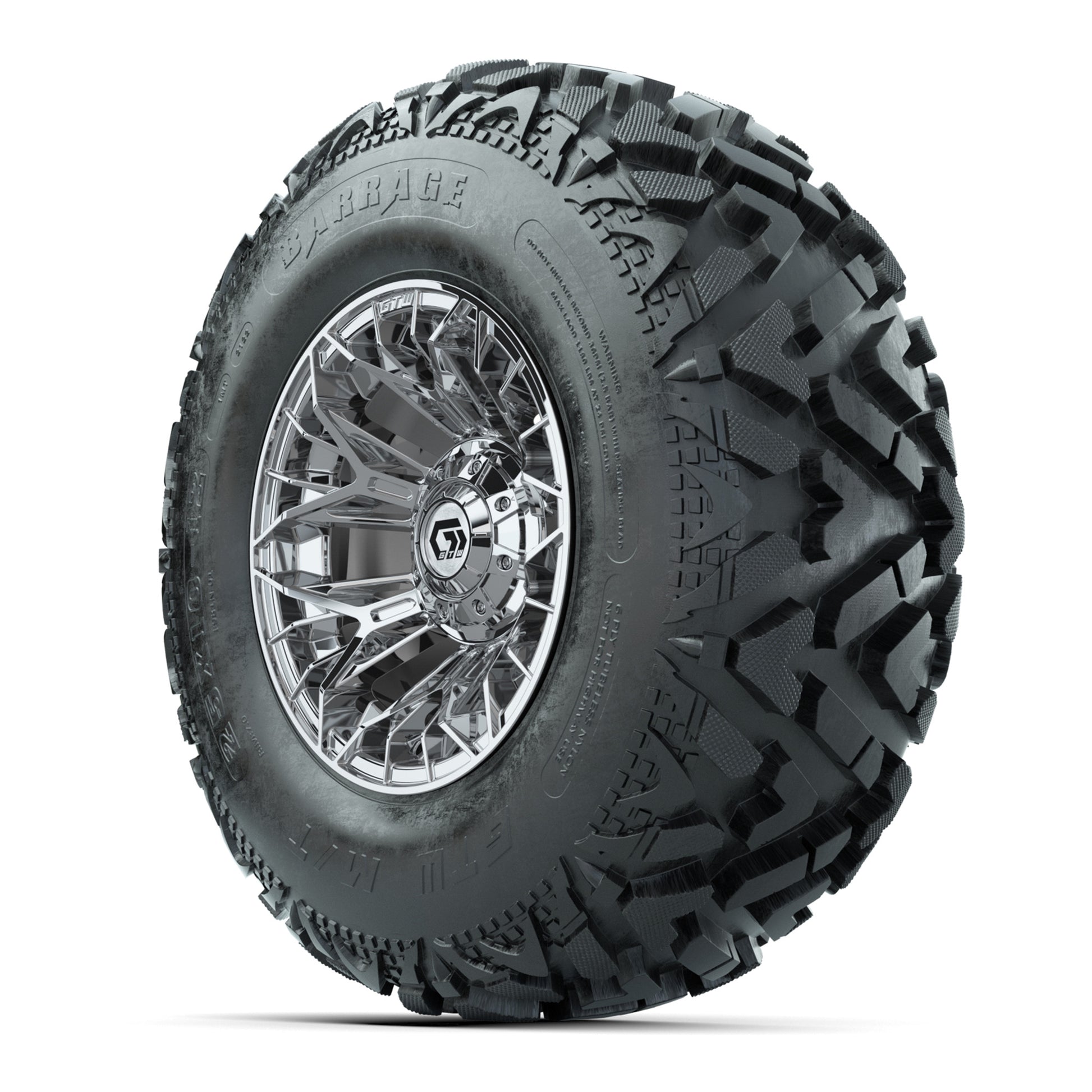 GTW® Stellar Chrome 12 in Wheels with 25X10-12 Barrage Mud Tires – Full Set