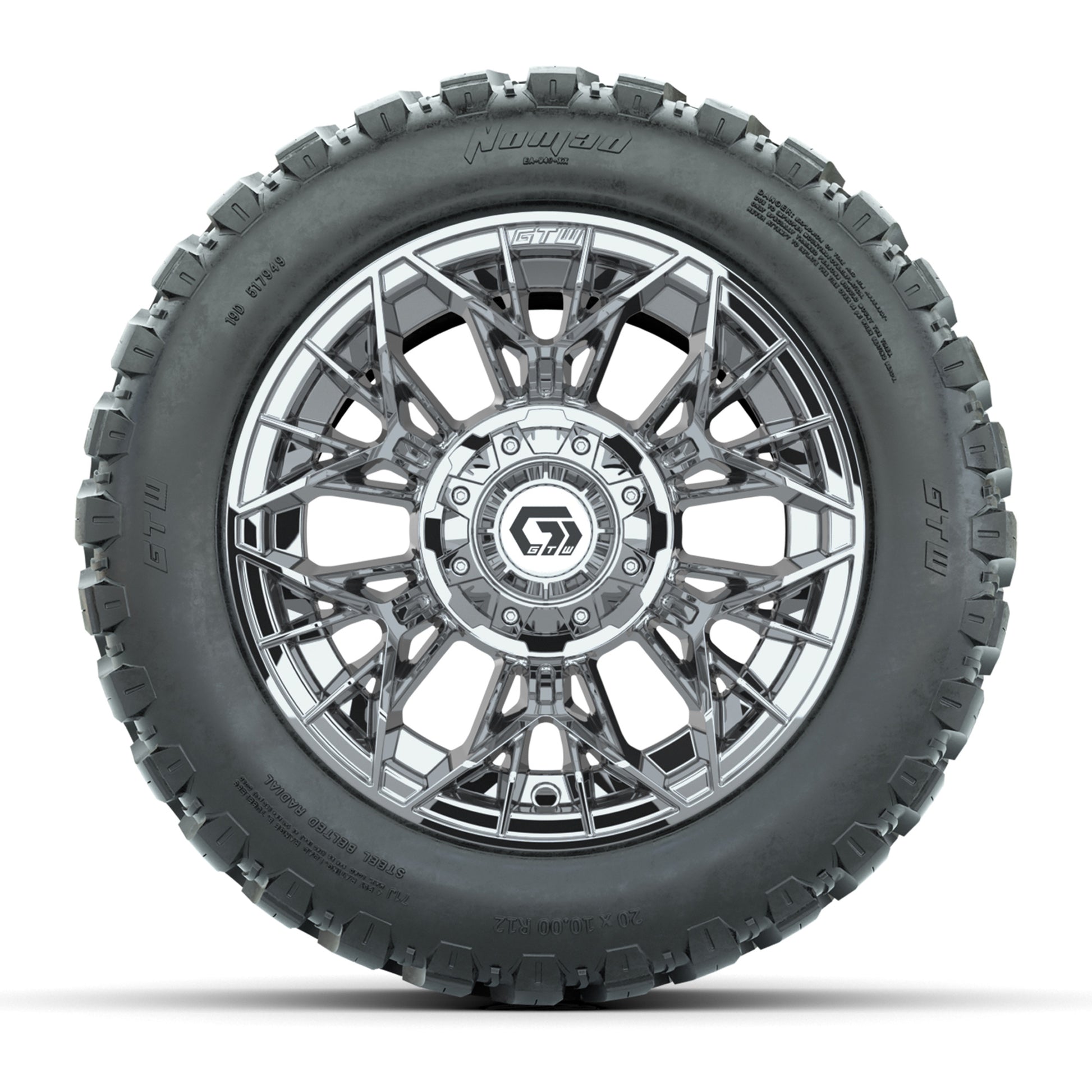 GTW® Stellar Chrome 12 in Wheels with 20X10-12 Nomad Steel Belt Radial All-Terrain Tires – Full Set