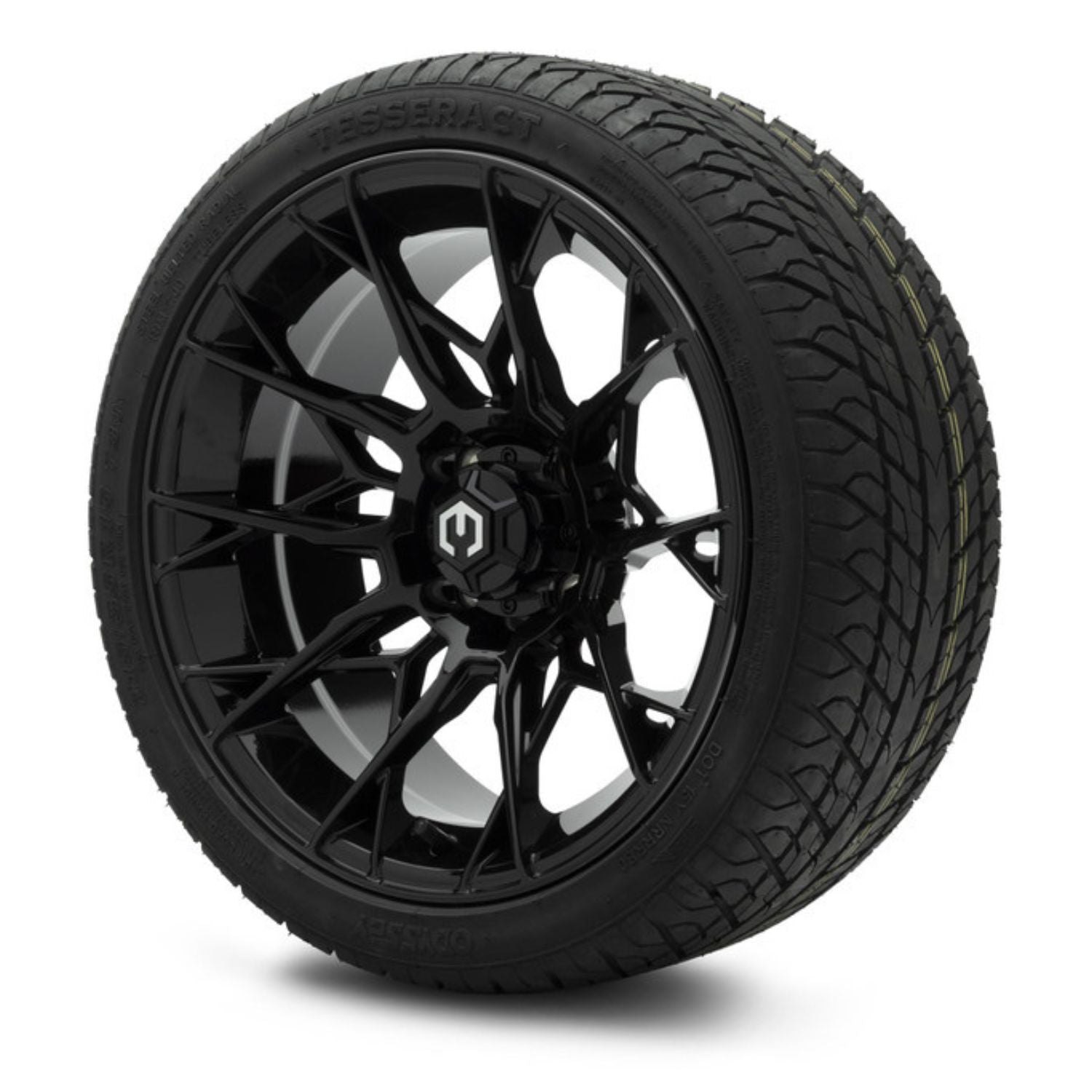 MODZ® 15" Chaos Glossy Black Wheels & Street Tires Combo (Odyssey Tesseract Steel-Belted Radial 215/35-R15)