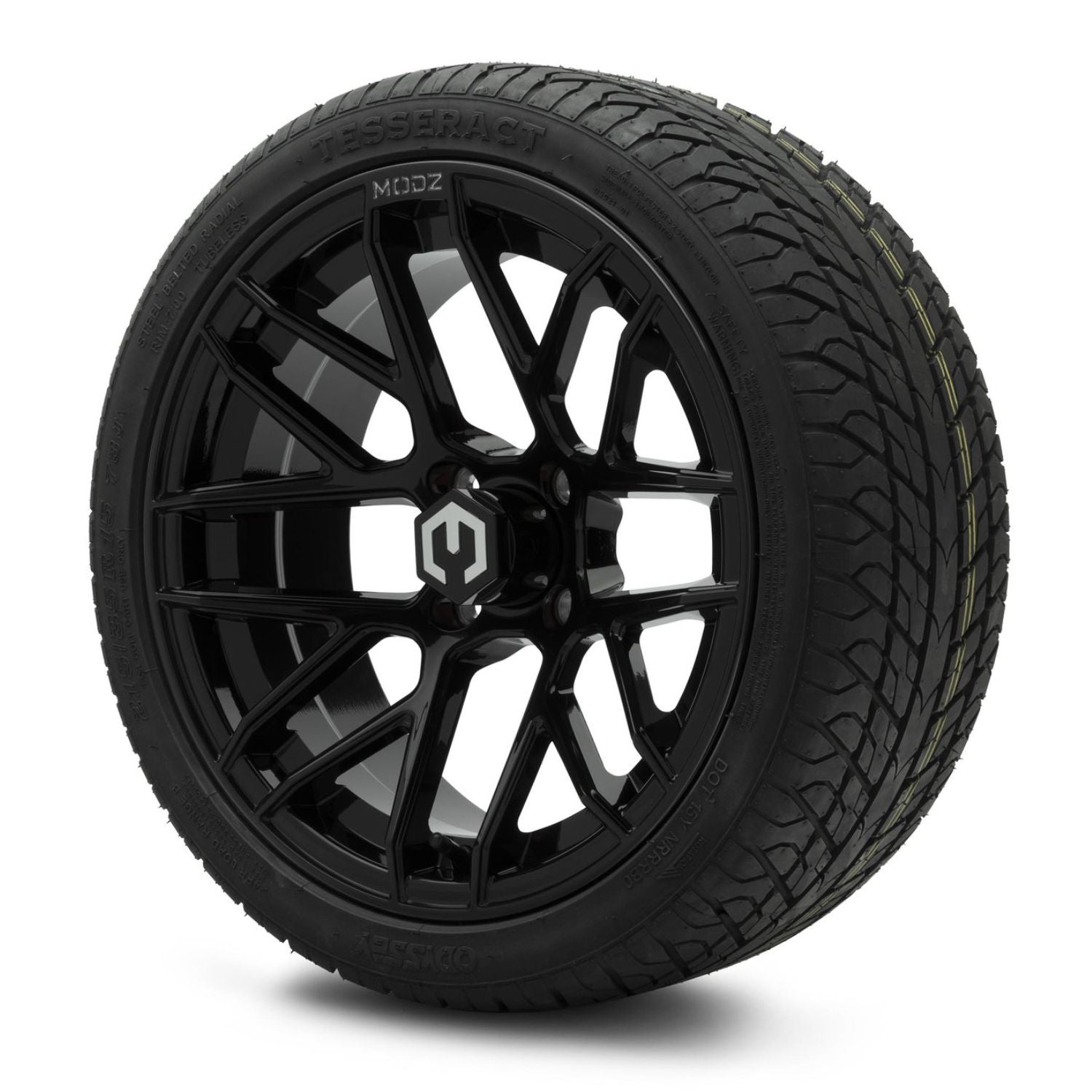 MODZ® 15" Matrix Glossy Black Wheels & Street Tires Combo (Odyssey Tesseract Steel-Belted Radial 215/35-R15)