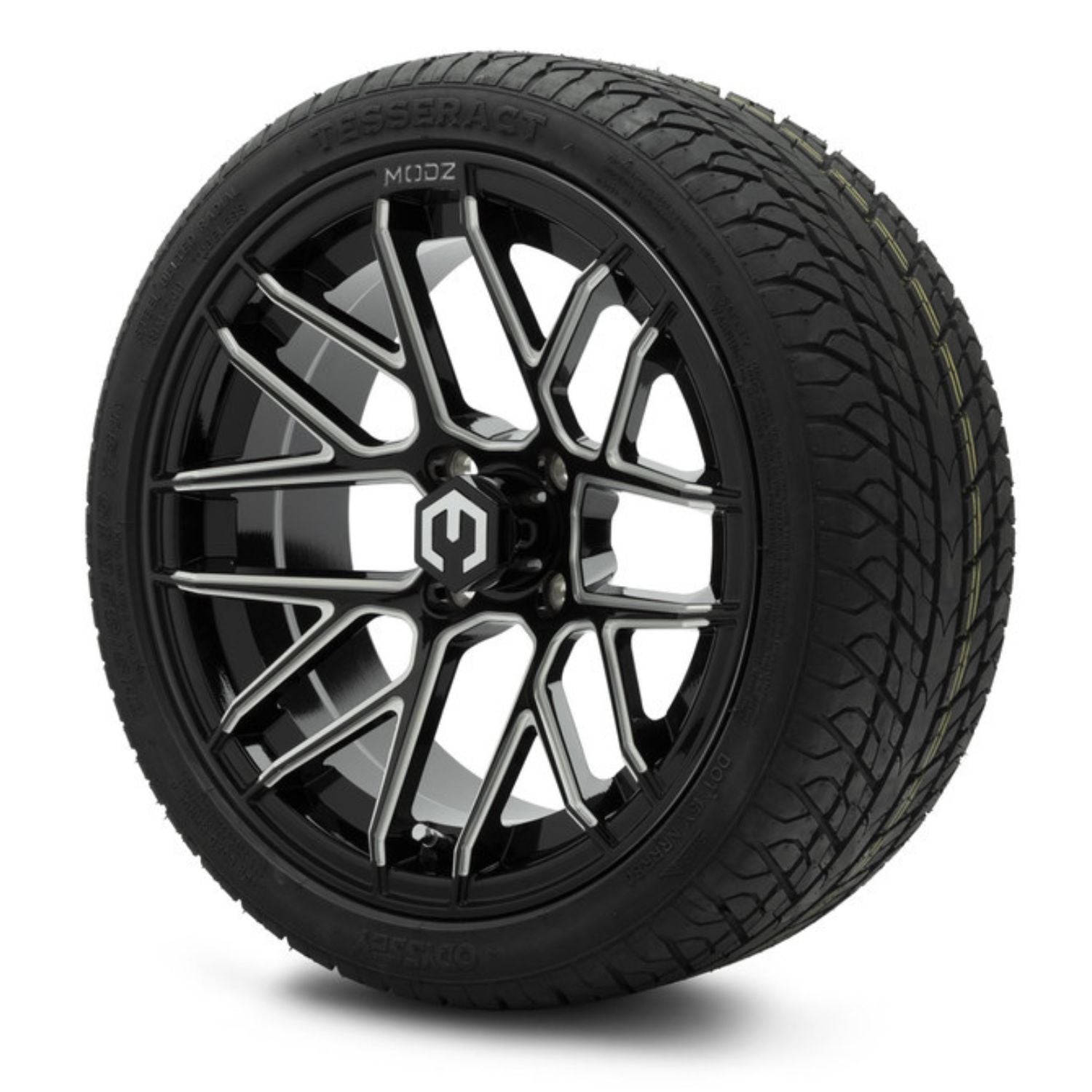 MODZ® 15" Matrix Glossy Black with Ball Mill Wheels & Street Tires Combo (Odyssey Tesseract Steel-Belted Radial 215/35-R15)