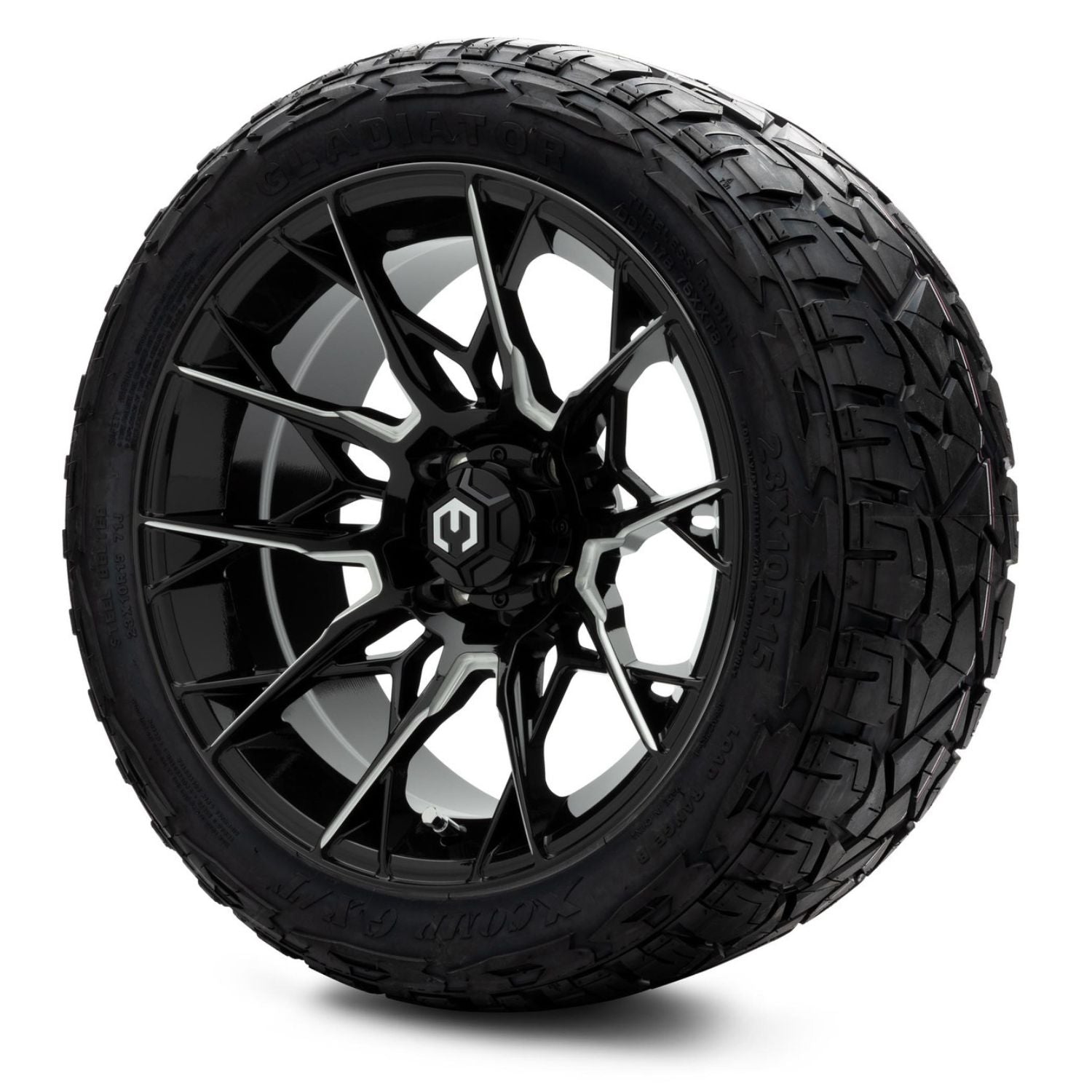 MODZ® 15" Chaos Glossy Black with Ball Mill Wheels & Off-Road Tires Combo (Xcomp Gladiator Steel Belted Radial 23x10-15)