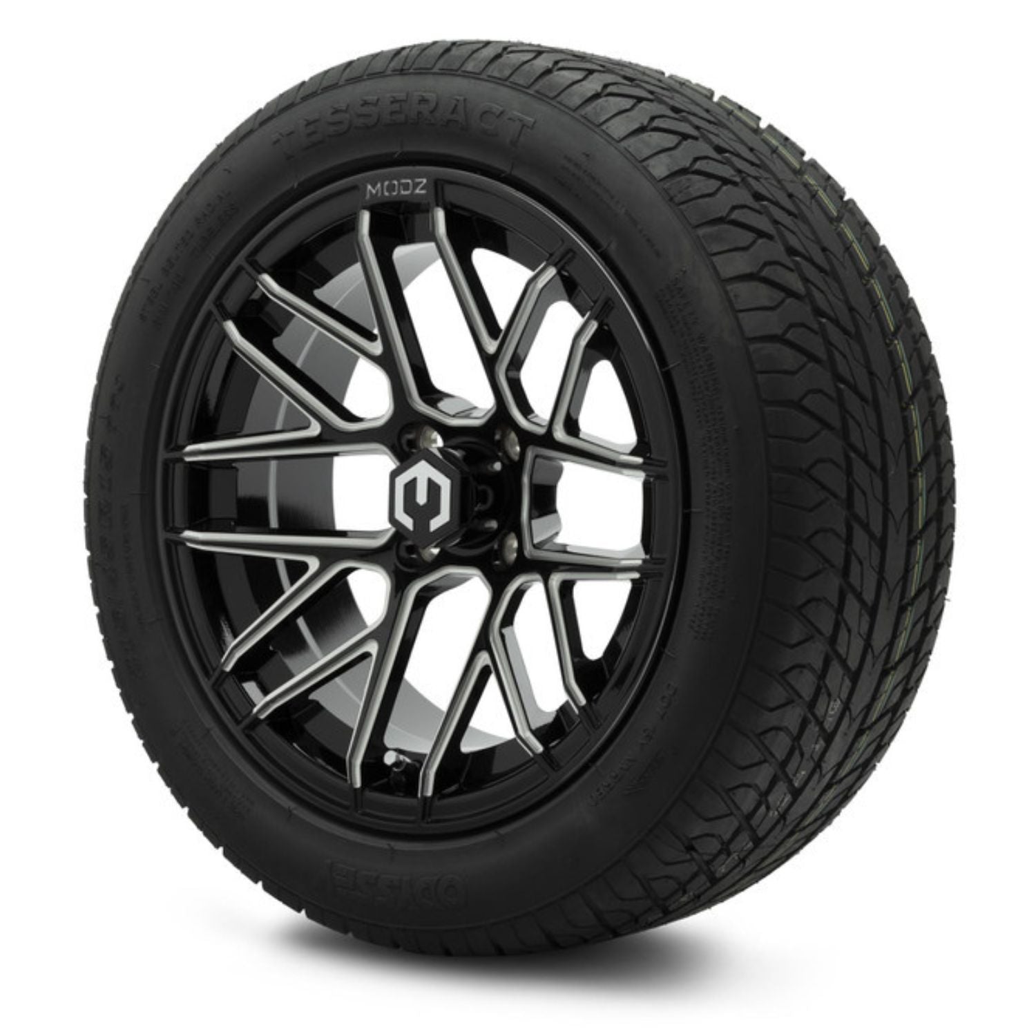 MODZ® 15" Matrix Glossy Black with Ball Mill Wheels & Street Tires Combo (Odyssey Tesseract Steel-Belted Radial 215/45-R15)