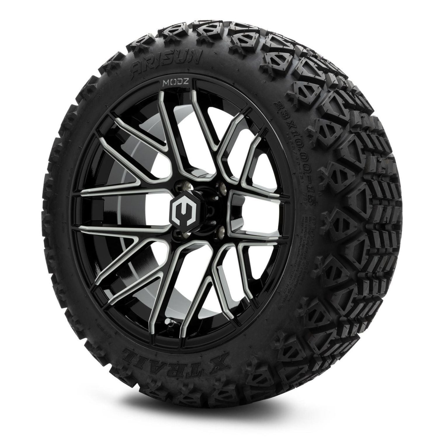 MODZ® 15" Matrix Glossy Black with Ball Mill Wheels & Off-Road Tires Combo (Arisun X-Trail All-Terrain 23x10-15)