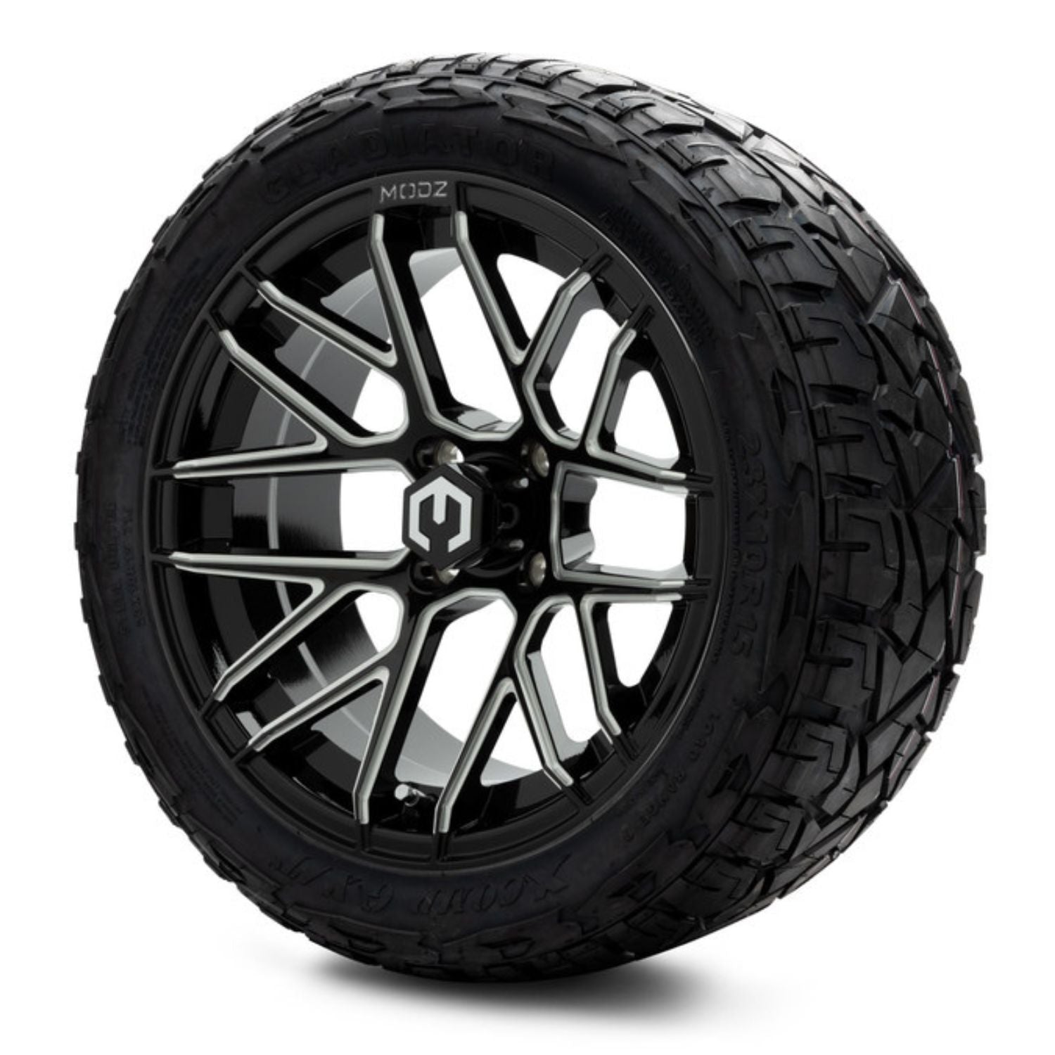 MODZ® 15" Matrix Glossy Black with Ball Mill Wheels & Off-Road Tires Combo (Xcomp Gladiator Steel Belted Radial 23x10-15)