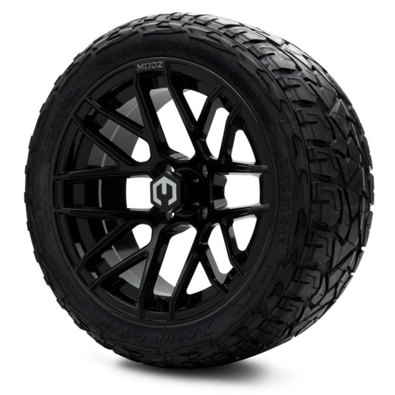 MODZ® 15" Matrix Glossy Black Wheels & Off-Road Tires Combo (Xcomp Gladiator Steel Belted Radial 23x10-15)