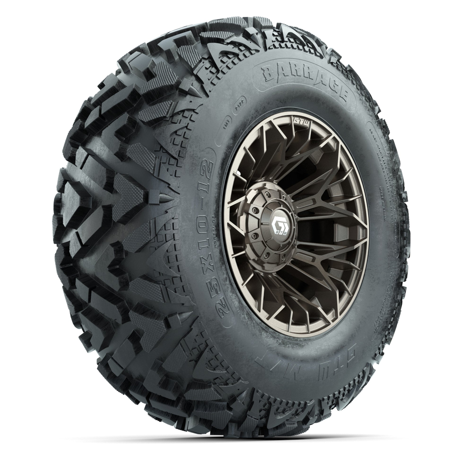 GTW® Stellar Matte Bronze 12 in Wheels with 25X10-12 Barrage Mud Tires – Full Set