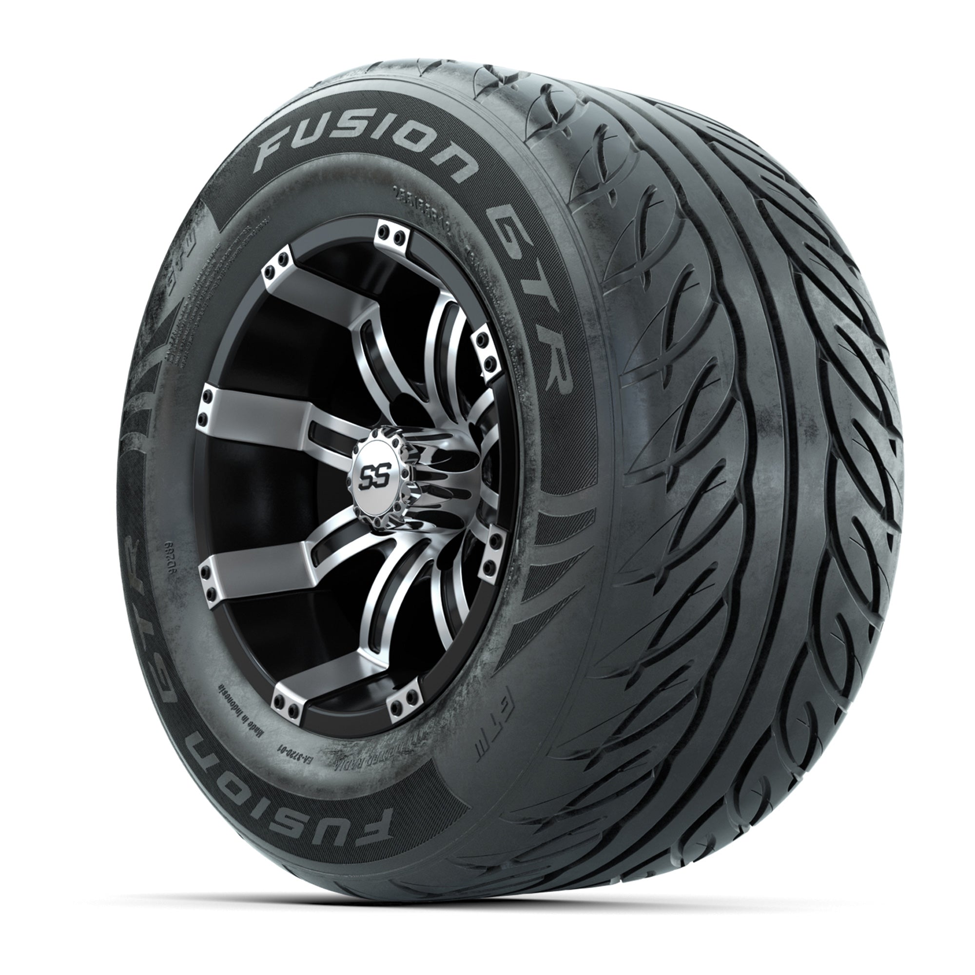 GTW® Tempest Black/Machined 12 in Wheels with 255/55-R12 Fusion GTR Steel Belt Radial Street Tires – Full Set