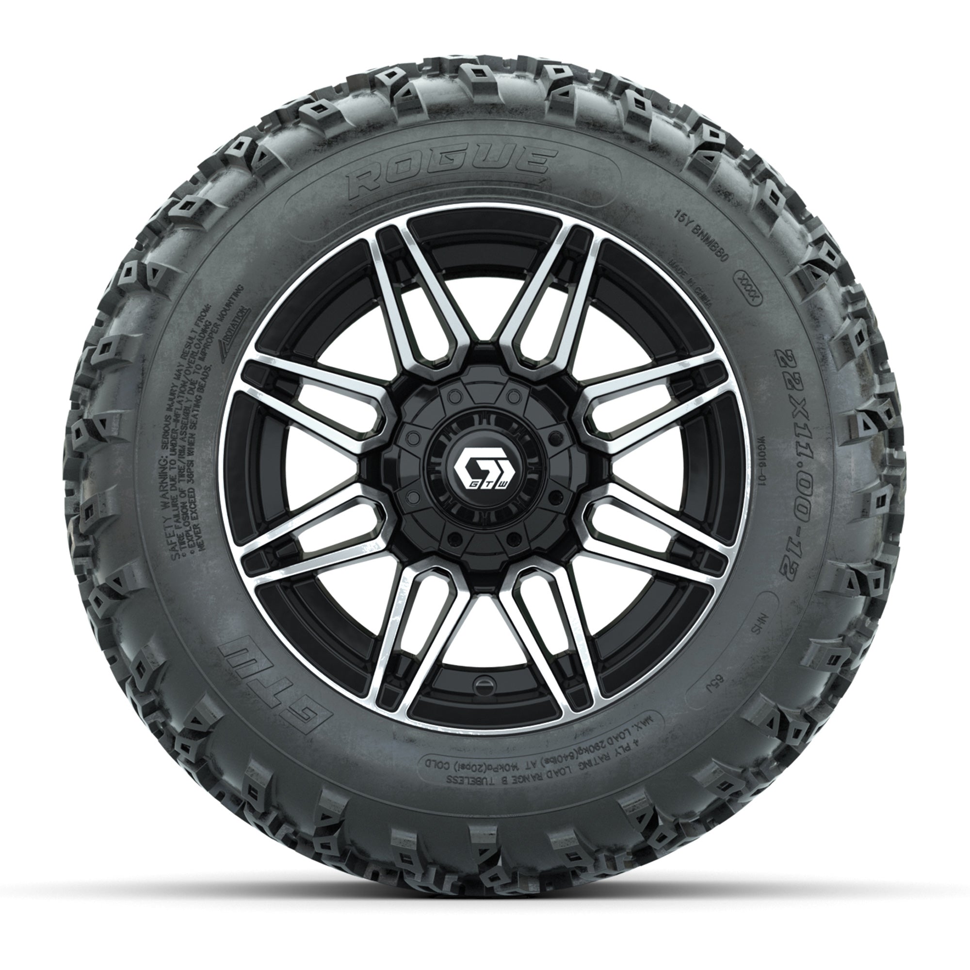 GTW® Stealth Black/Machined 12 in Wheels with 22x11.00-12 Rogue All-Terrain Tires – Full Set