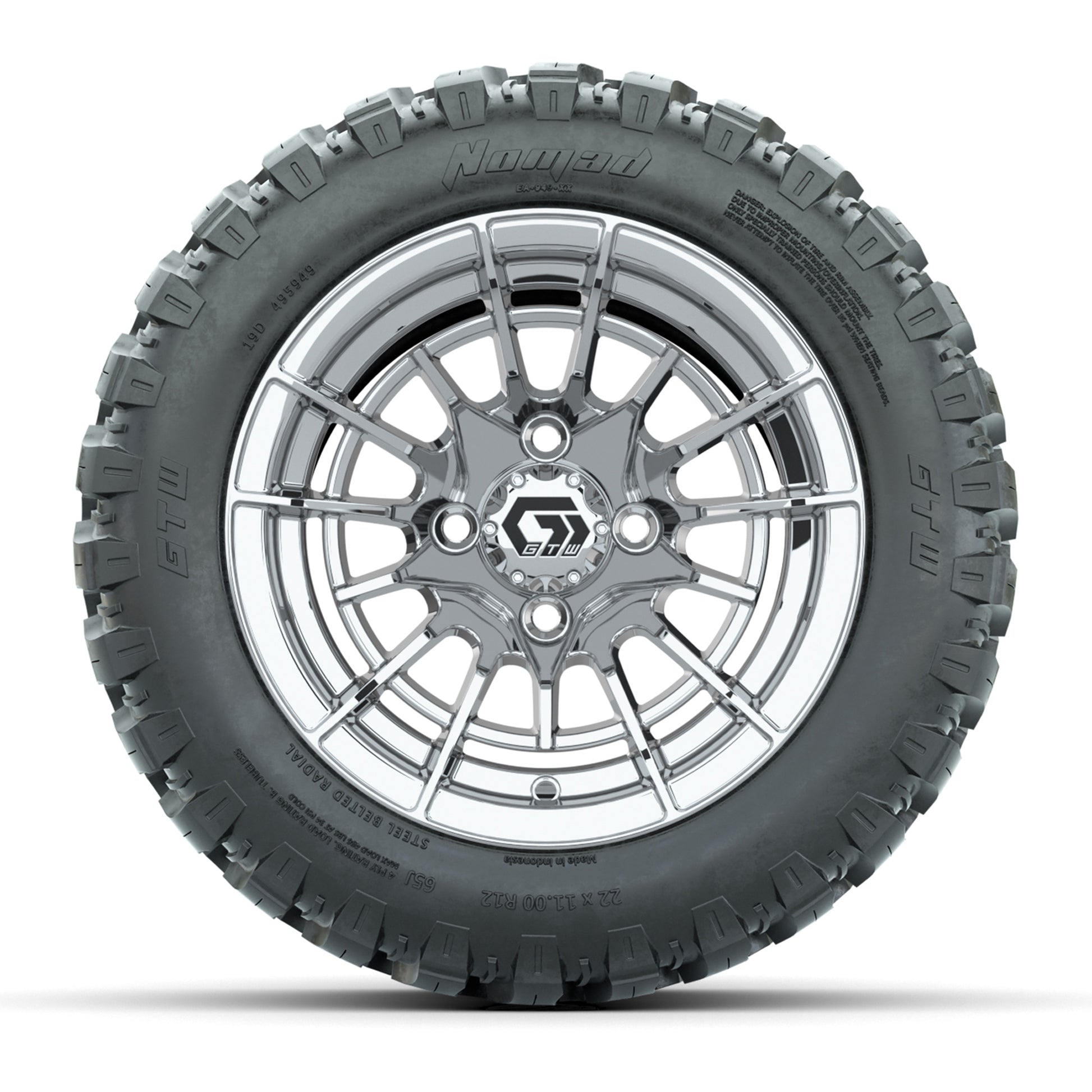 GTW® Boost Chrome 12 in Wheels with 22X11-R12 Nomad Steel Belt Radial All-Terrain Tires – Full Set