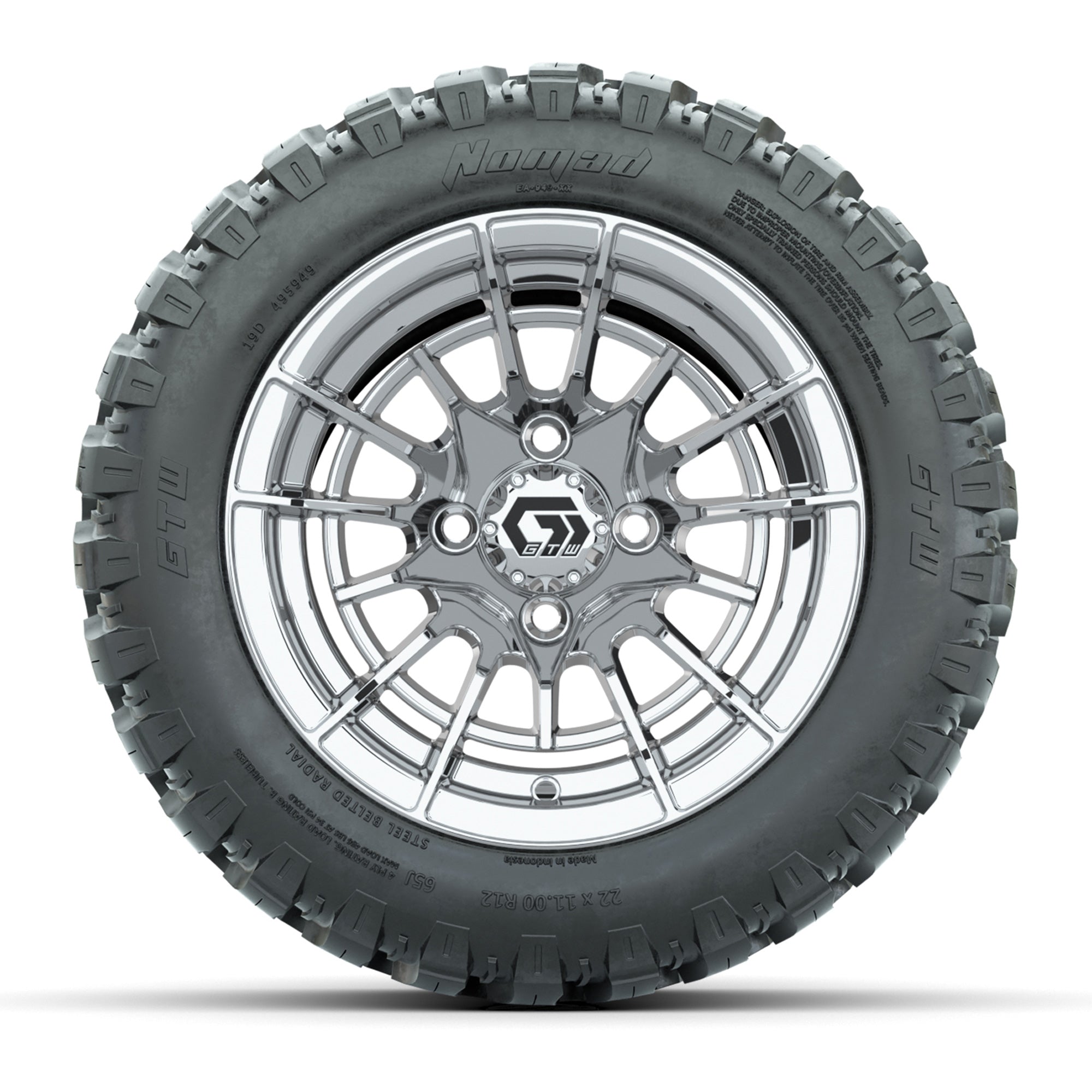 GTW® Boost Chrome 12 in Wheels with 22X11-R12 Nomad Steel Belt Radial All-Terrain Tires – Full Set