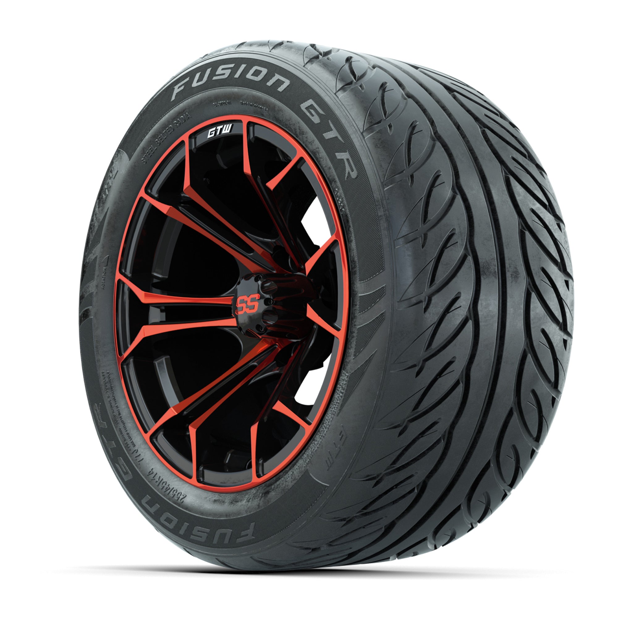 GTW® Spyder Black/Red 14 in Wheels with 255/45-R14 Fusion GT - 3/4 view