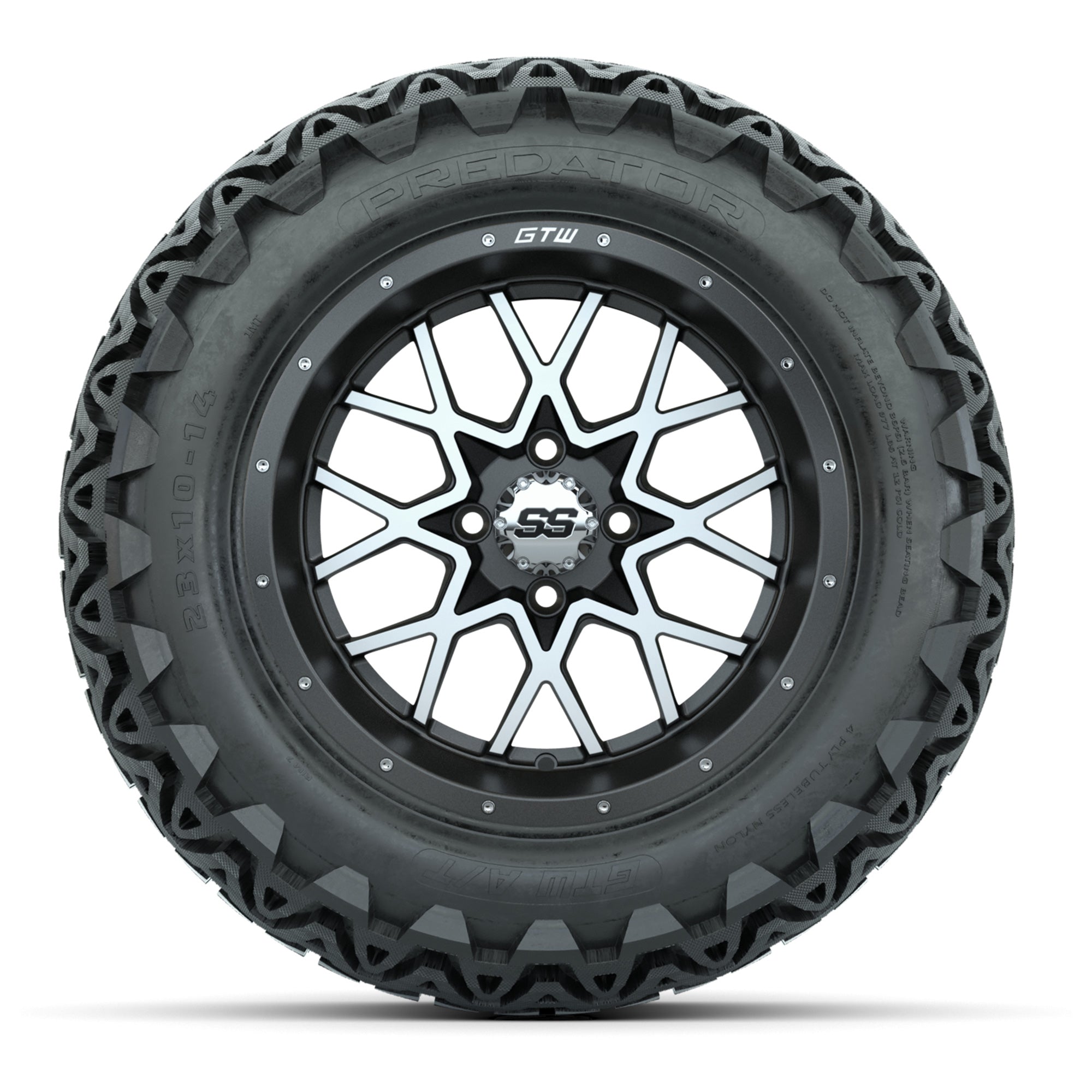 Set of (4) 14 in GTW Vortex Wheels with 23x10-14 GTW Predato - 3/4 view