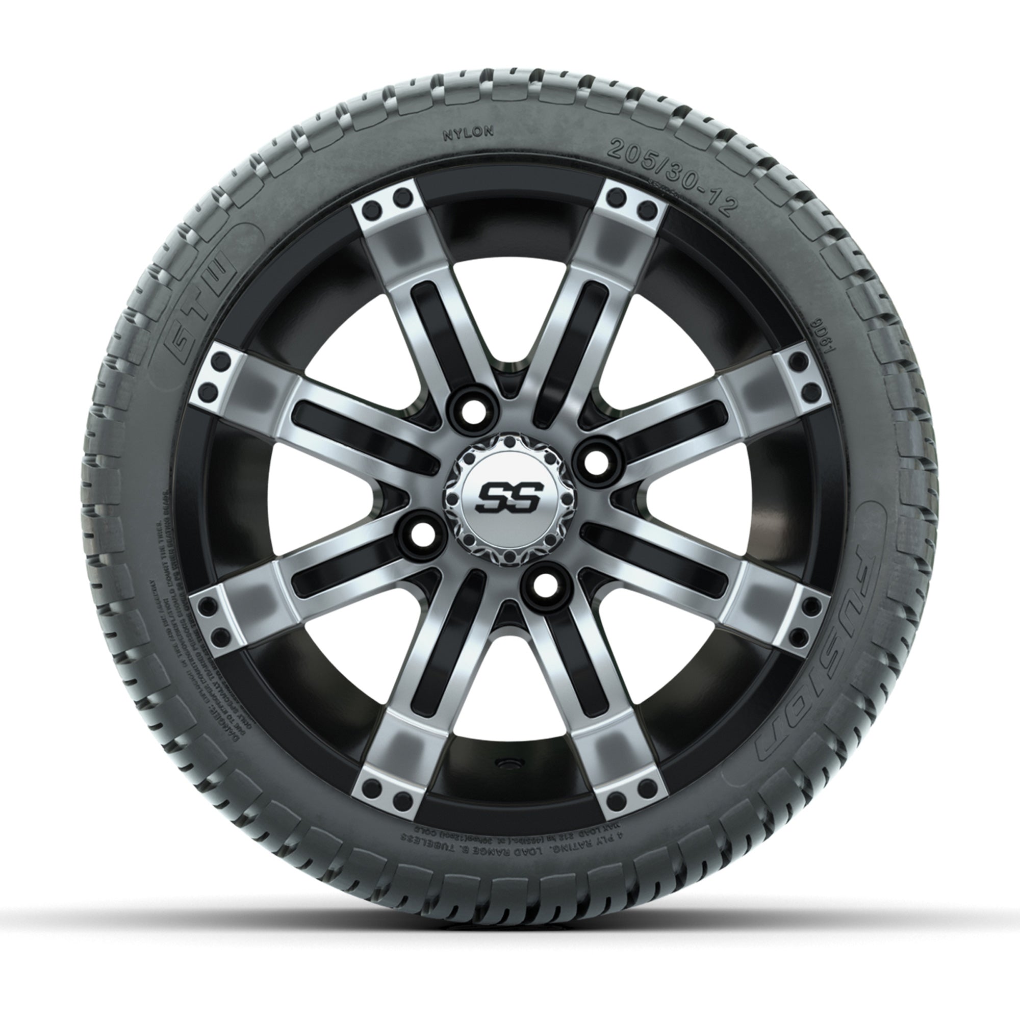 GTW Tempest Black and Machined 12 in Wheels with 18in Fusion Street Tires – Set of 4