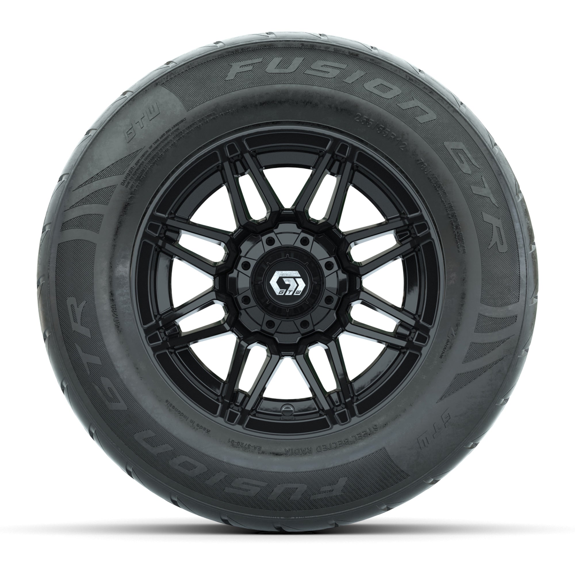 GTW® Stealth Black/Machined 12 in Wheels with 255/55-R12 Fusion GTR Steel Belt Radial Street Tires – Full Set