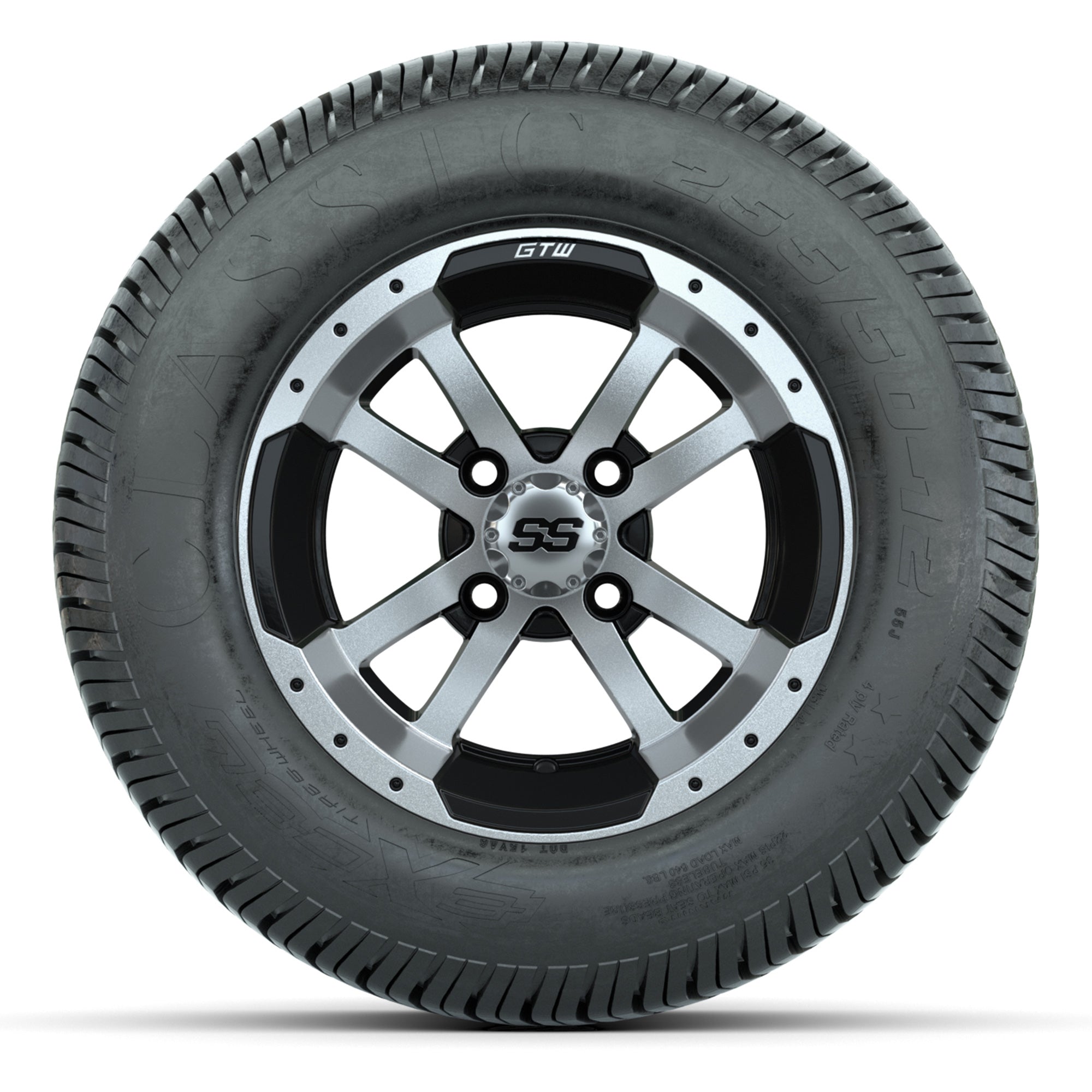 GTW® Storm Trooper Black/Machined 12 in Wheels with 255/50-12 Excel Classic Street Tires – Full Set