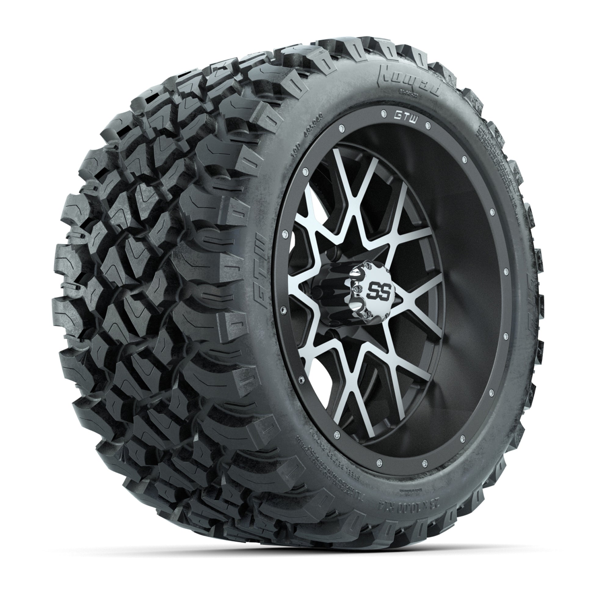 GTW® Vortex 2 Matte Gray//Machined 14 in Wheels with 23X10-R14 Nomad Steel Belt Radial All-Terrain Tires – Full Set