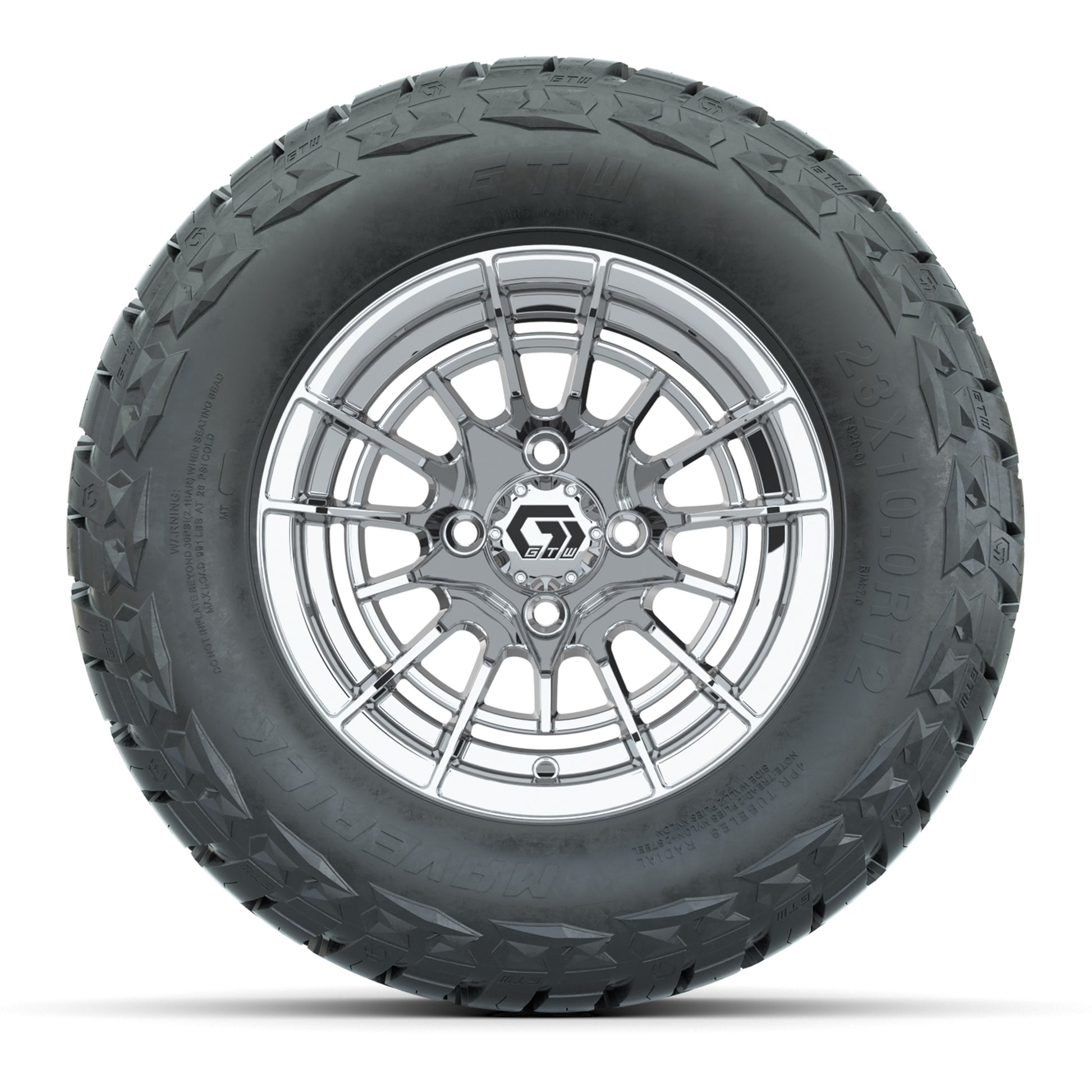 GTW Boost Chrome 12 in Wheels with 23x10.00-R12 Maverick All-Terrain Tires – Full Set
