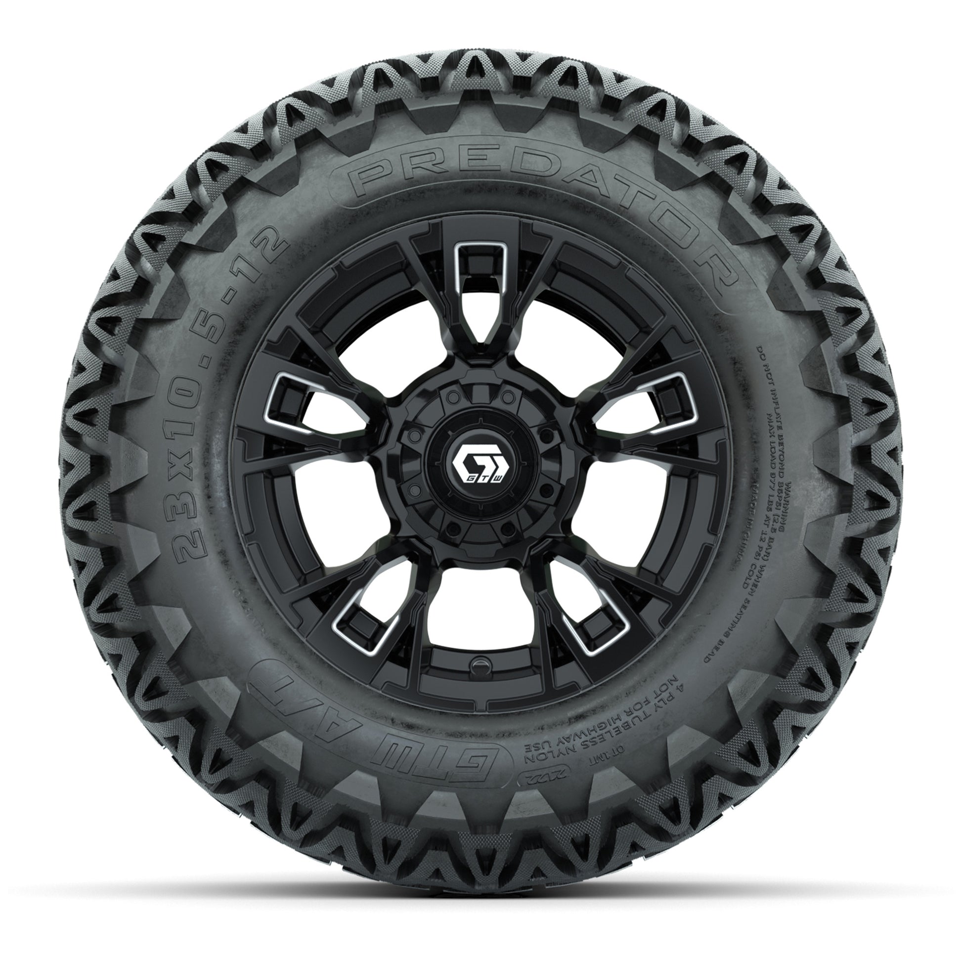GTW® Vandal Matte Black/Machined 12 in Wheels with 23X10.5-12 Predator All-Terrain Tires – Full Set