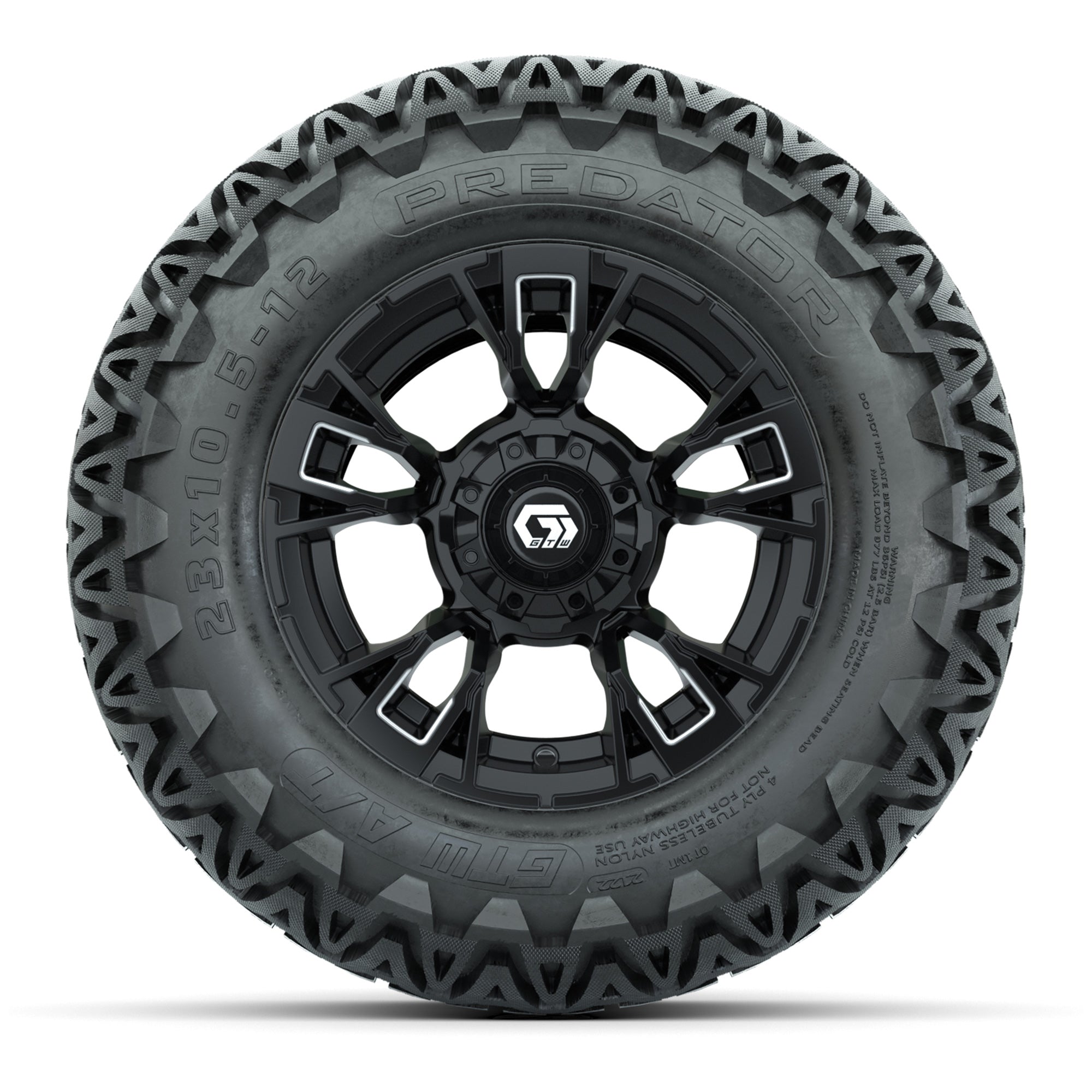 GTW® Vandal Matte Black/Machined 12 in Wheels with 23X10.5-12 Predator All-Terrain Tires – Full Set