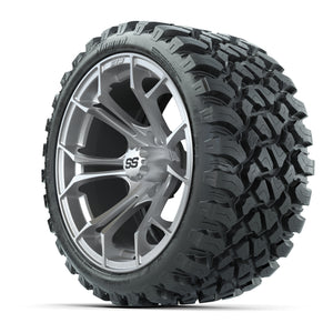 GTW Spyder Silver Brush 15 in Wheels with 23x10-R15 Nomad St - 3/4 view