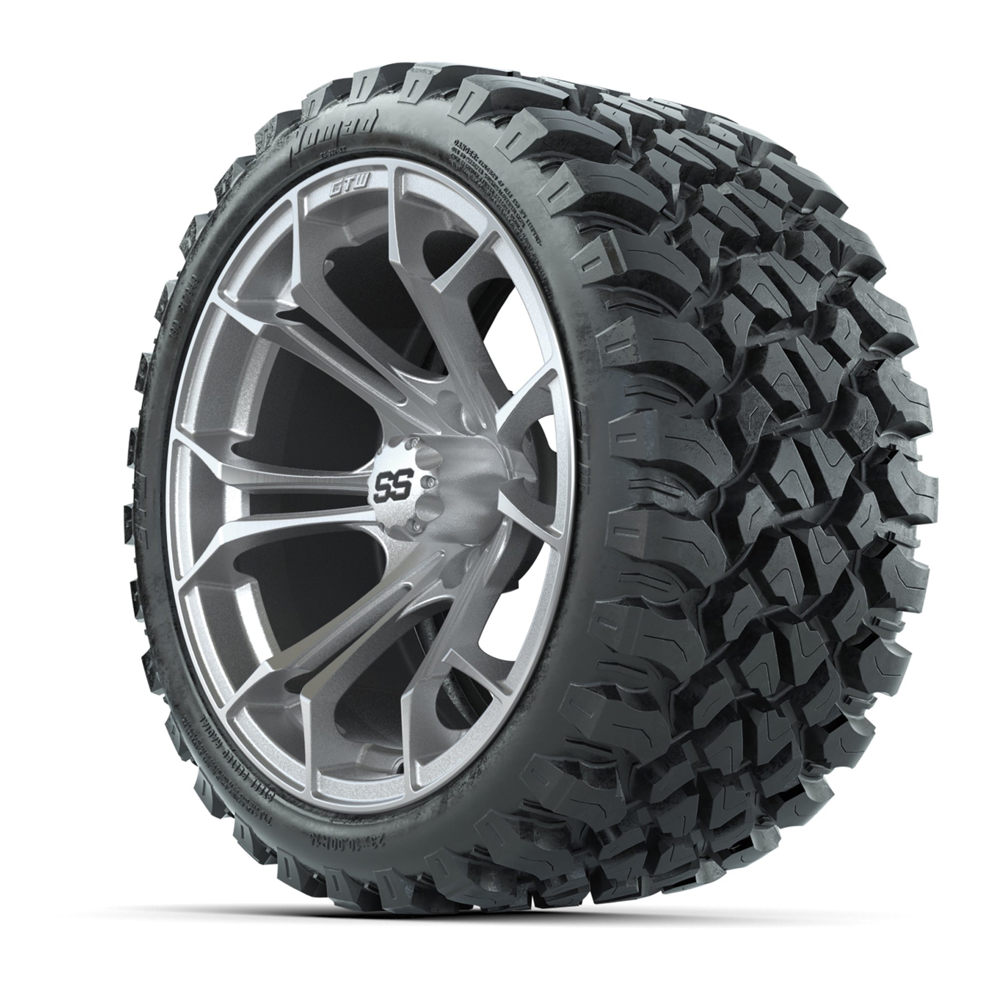 GTW Spyder Silver Brush 15 in Wheels with 23x10-R15 Nomad St - 3/4 view