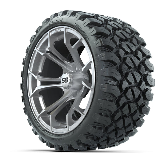 GTW Spyder Silver Brush 15 in Wheels with 23x10-R15 Nomad St - 3/4 view