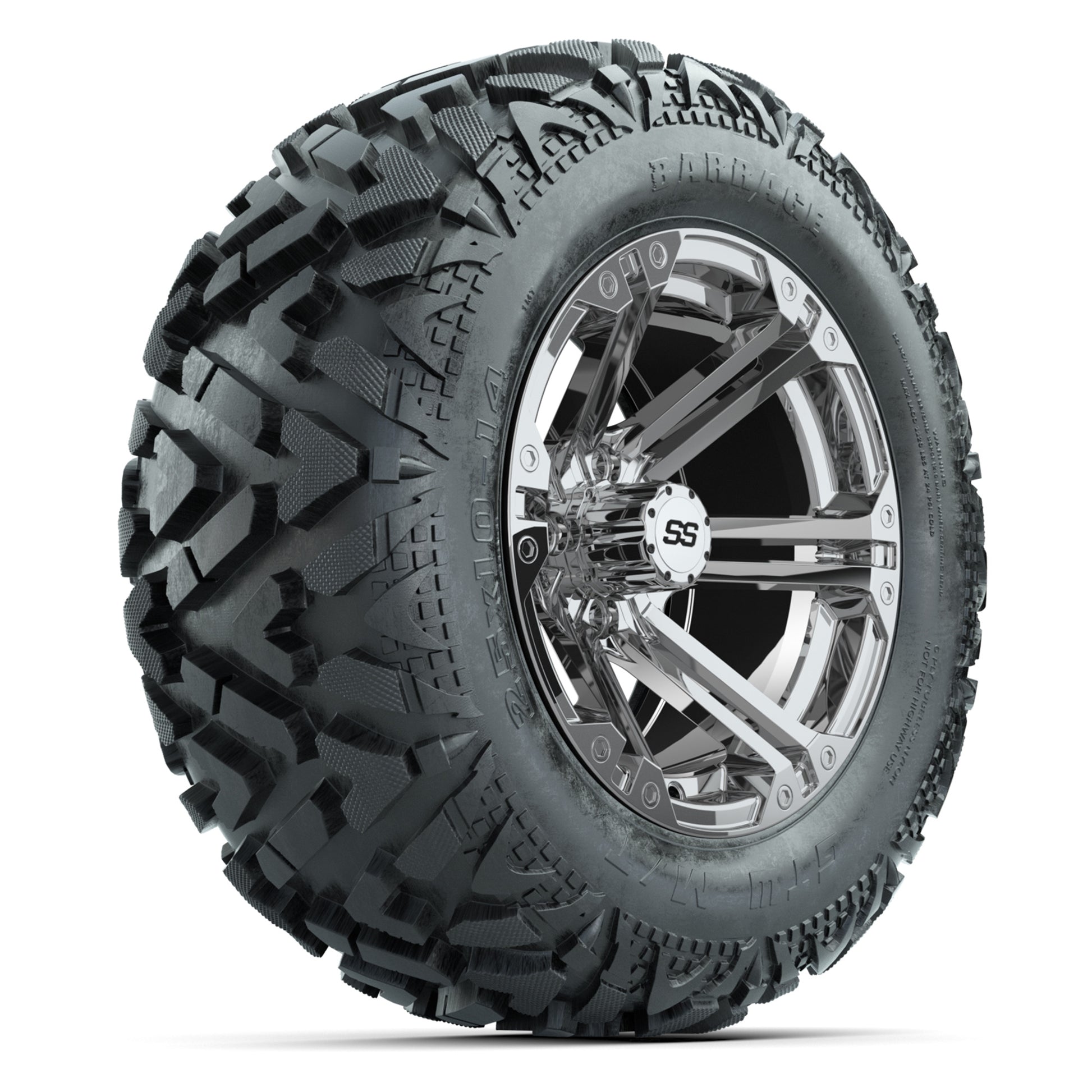 GTW Specter Chrome 14 in Wheels with 25x10-14 Barrage Mud Tires – Full Set