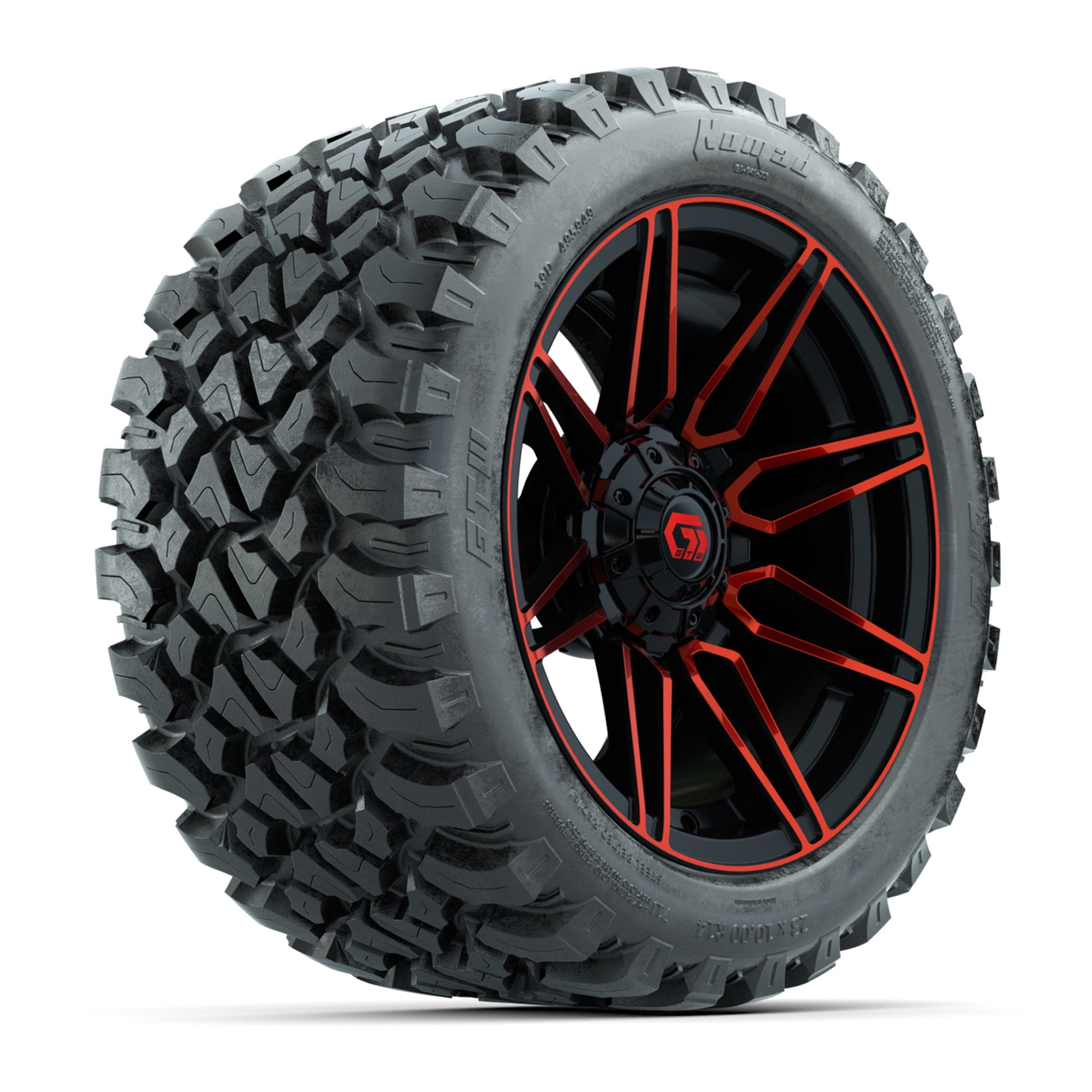 GTW® Stealth Red/Machined 14 in Wheels with 23X10-R14 Nomad Steel Belt Radial All-Terrain Tires – Full Set