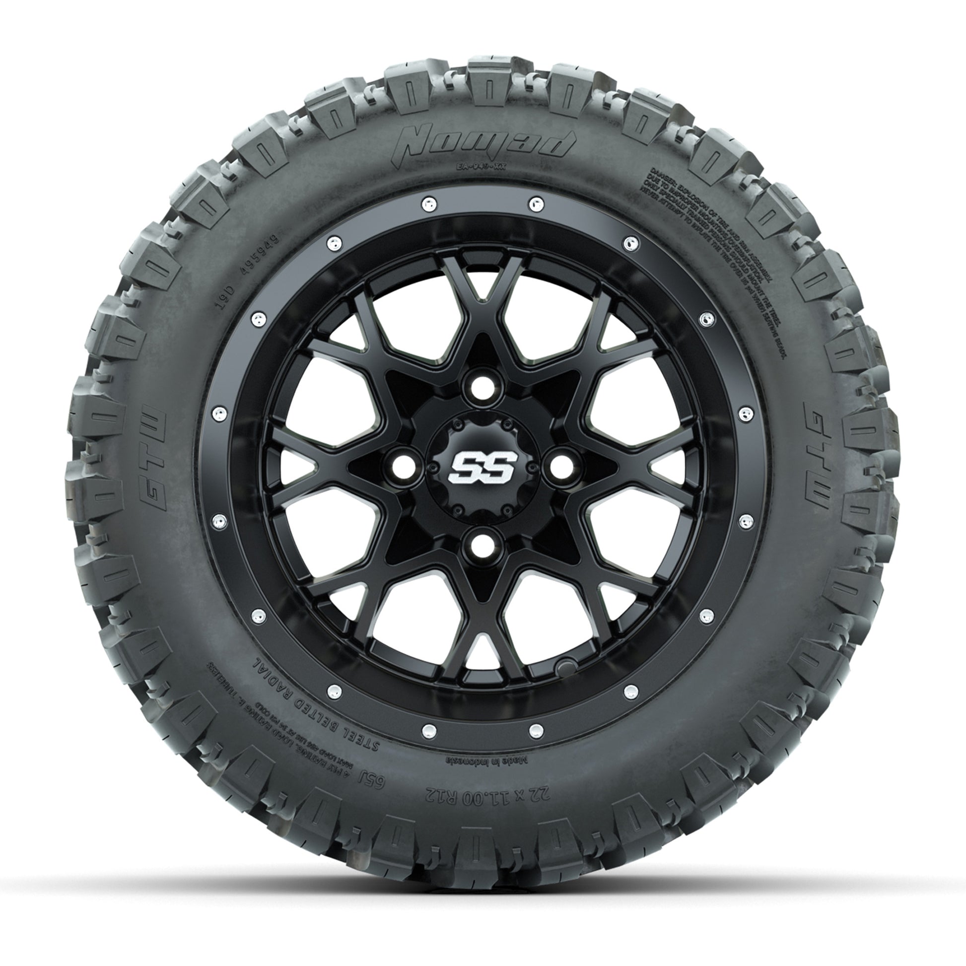 GTW® Vortex 2 Matte Black 12 in Wheels with 22X11-R12 Nomad Steel Belt Radial All-Terrain Tires – Full Set