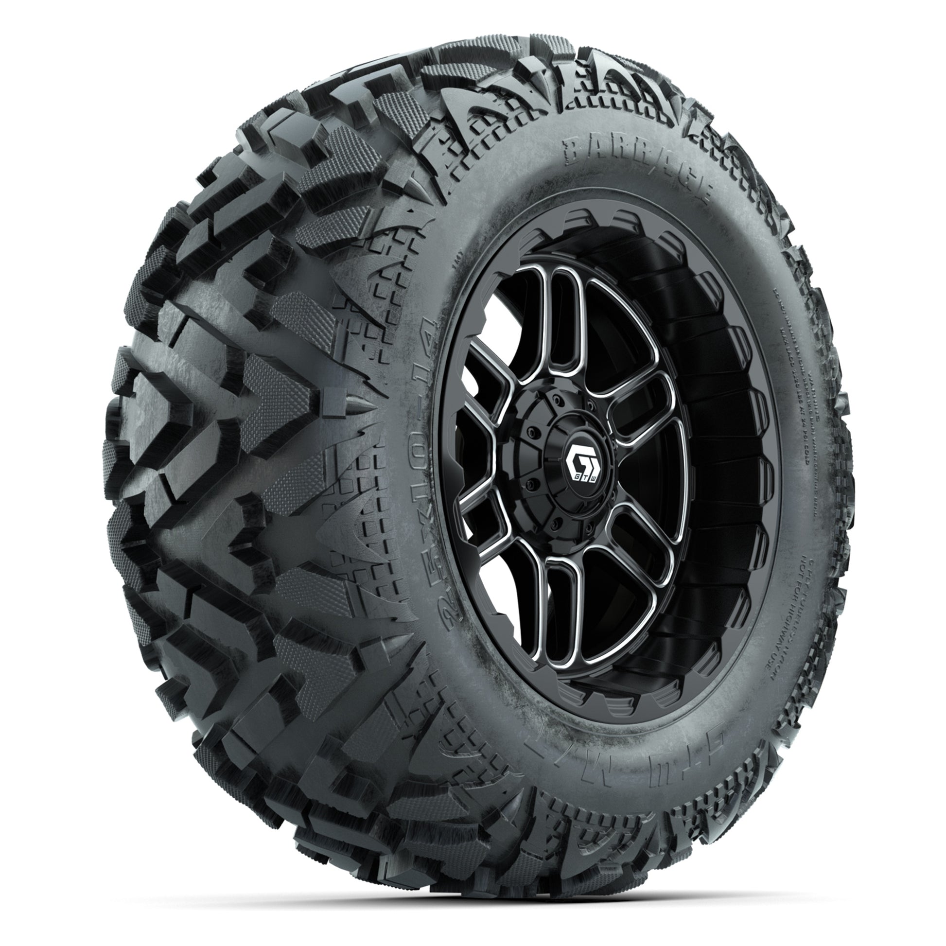 GTW Titan Black/Machined 14 in Wheels with 25x10-14 Barrage Mud Tires – Full Set