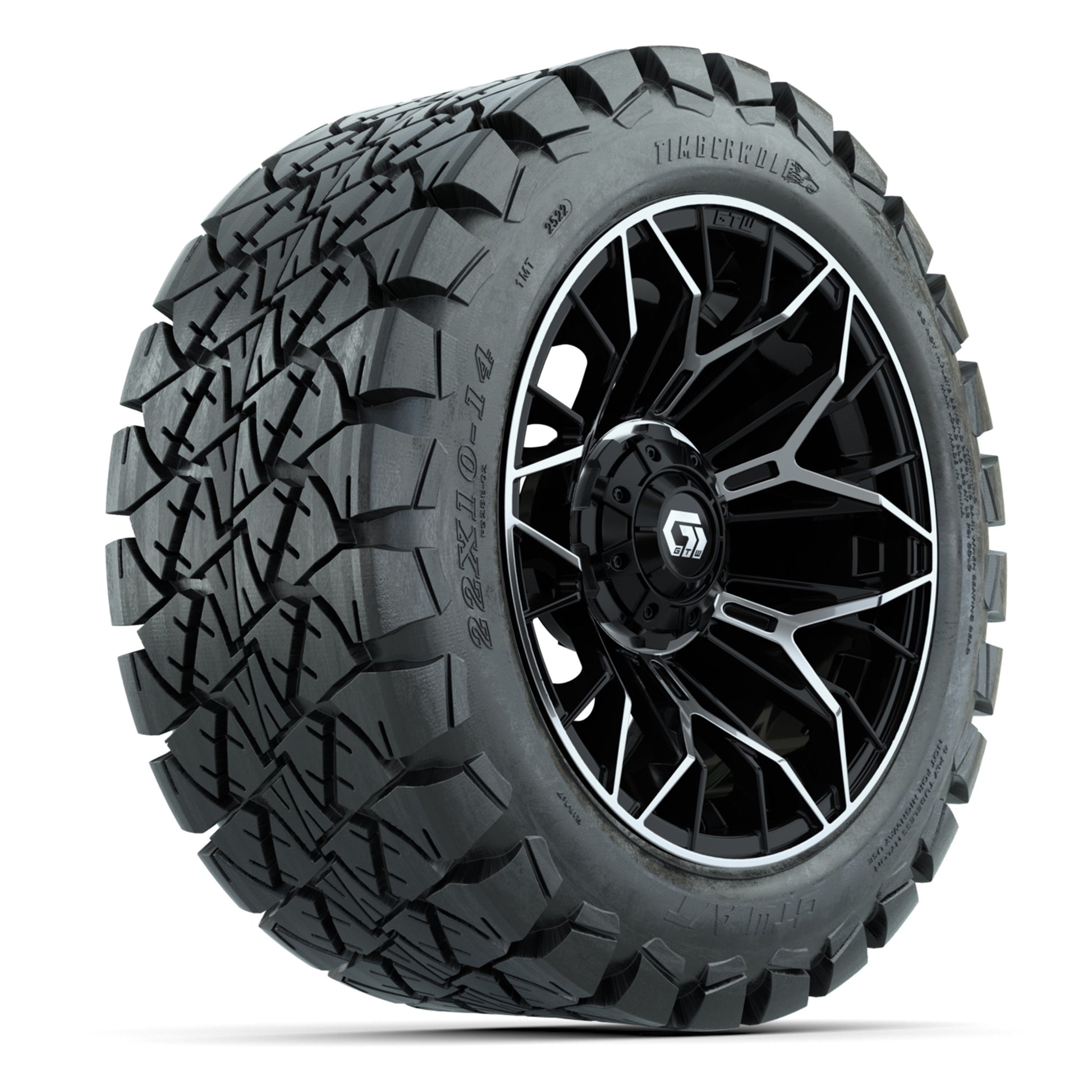 GTW Stellar Black/Machined 14 in Wheels with 22X10-14 Timberwolf All-Terrain Tires – Full Set
