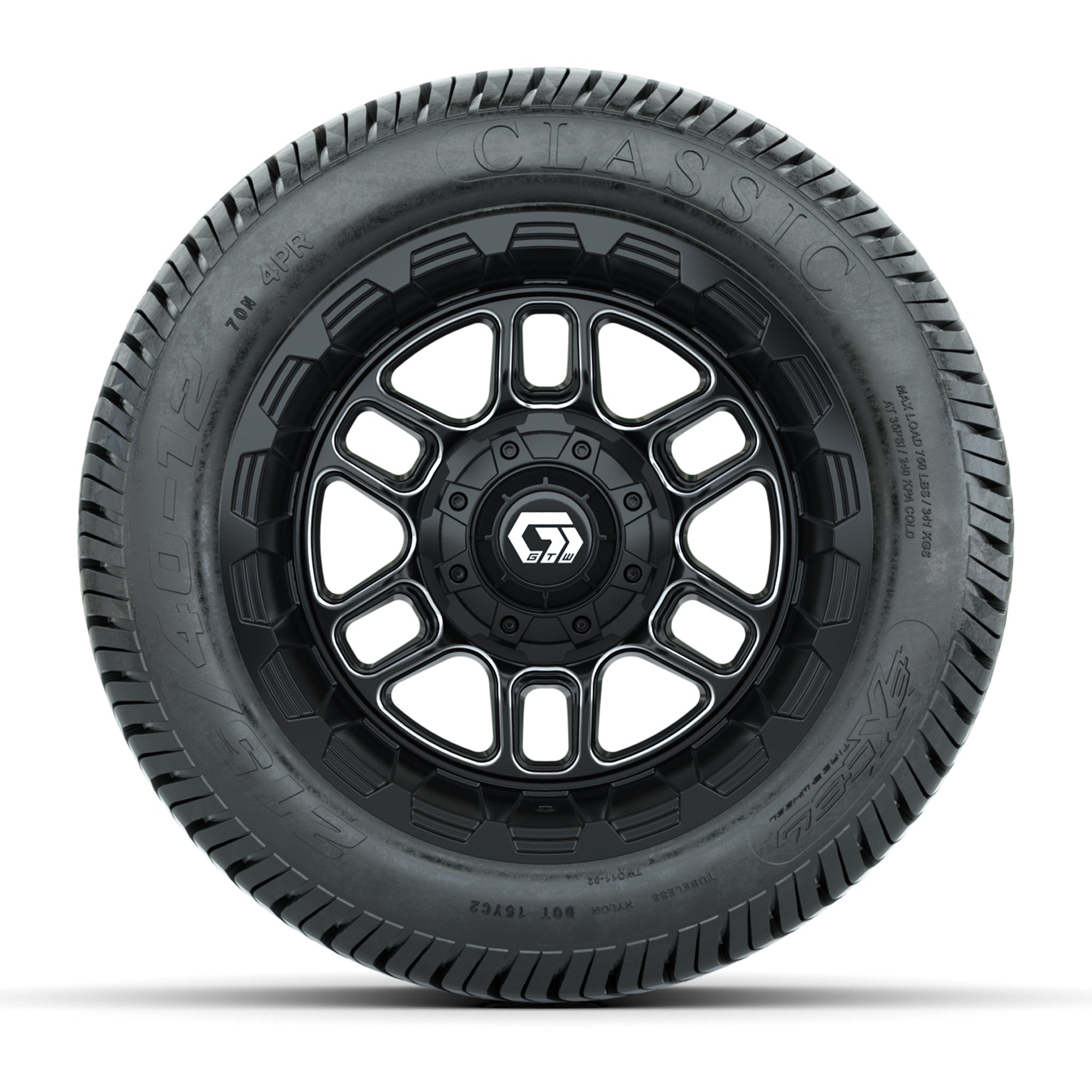 GTW® Titan Black/Machined 12 in Wheels with 215/40-12 Excel Classic Street Tires – Full Set