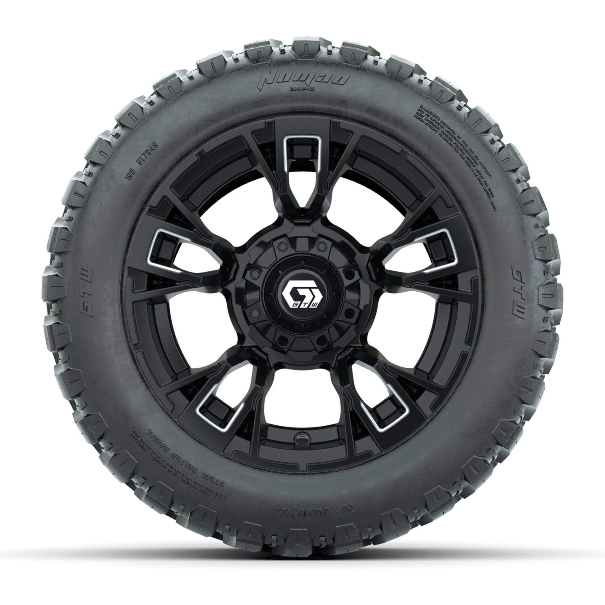 GTW® Vandal Matte Black/Machined 12 in Wheels with 20X10-12 Nomad Steel Belt Radial All-Terrain Tires – Full Set