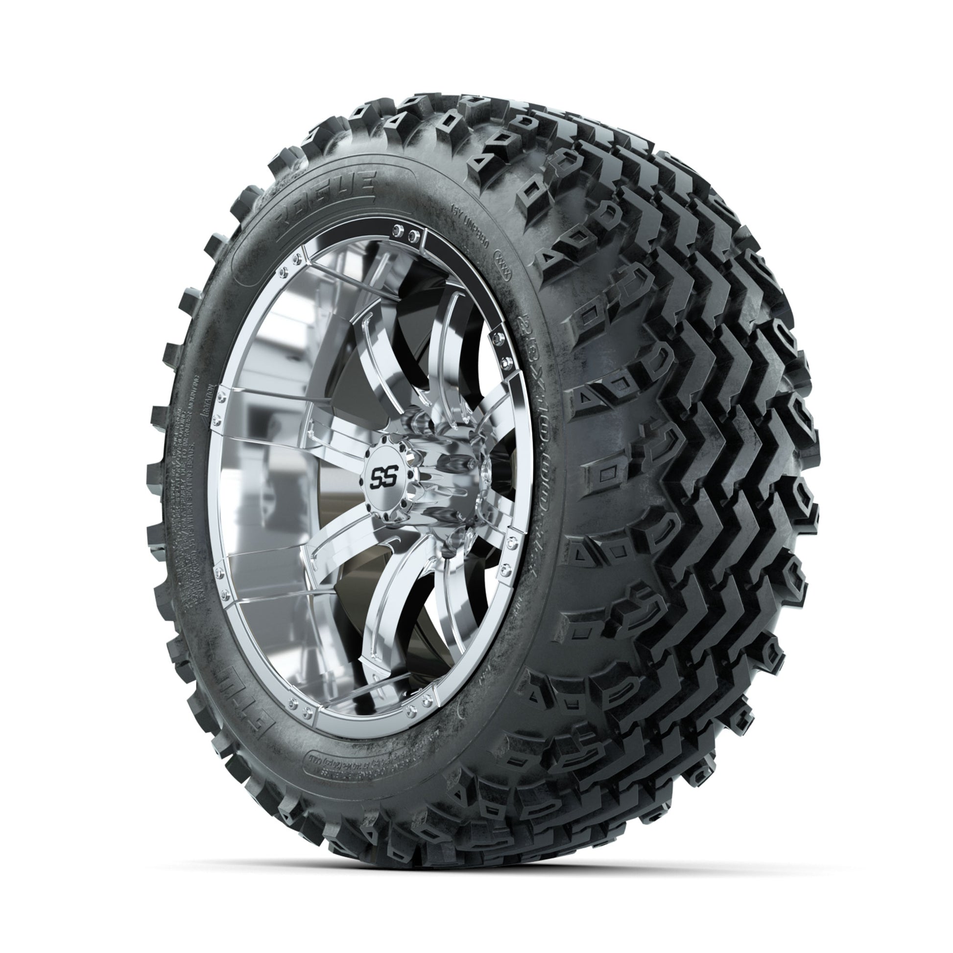 GTW Tempest Chrome 14 in Wheels with 23x10.00-14 Rogue All T - 3/4 view
