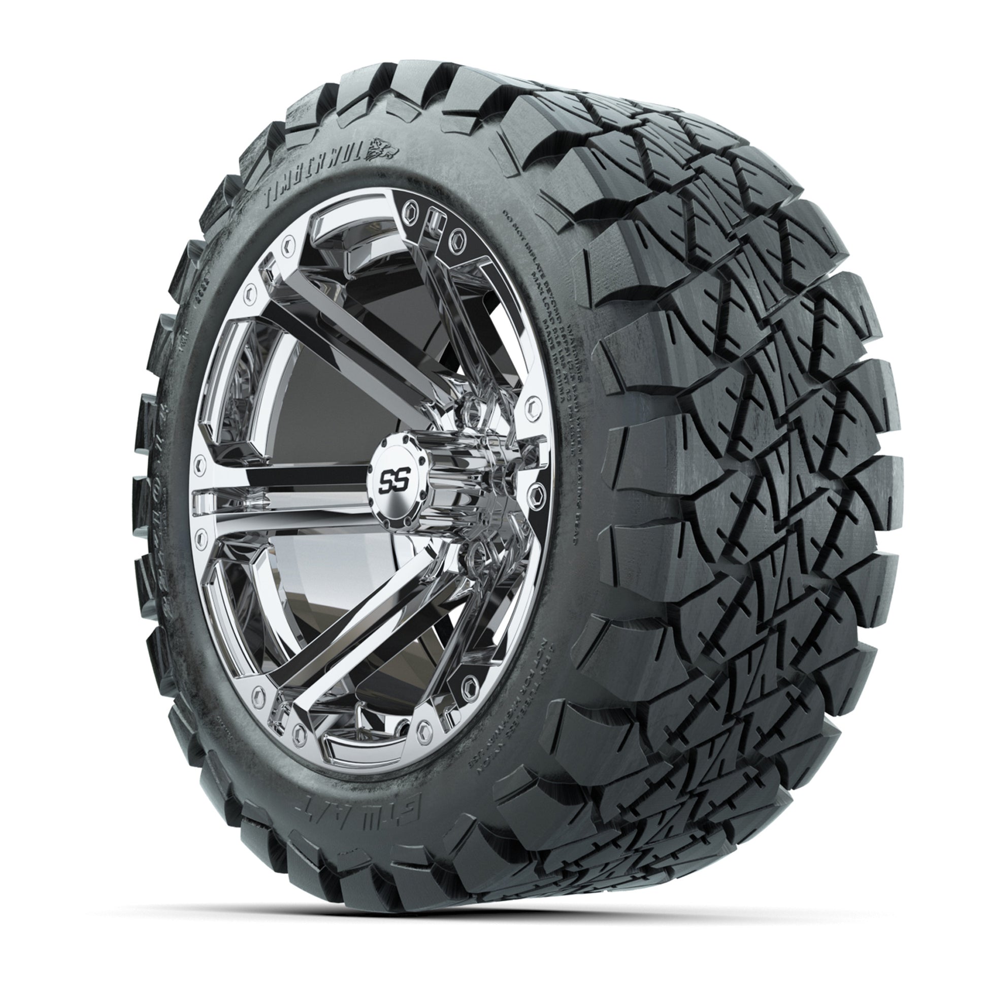 GTW Specter Chrome Wheels with 22in Timberwolf Mud Tires - 1 - 3/4 view