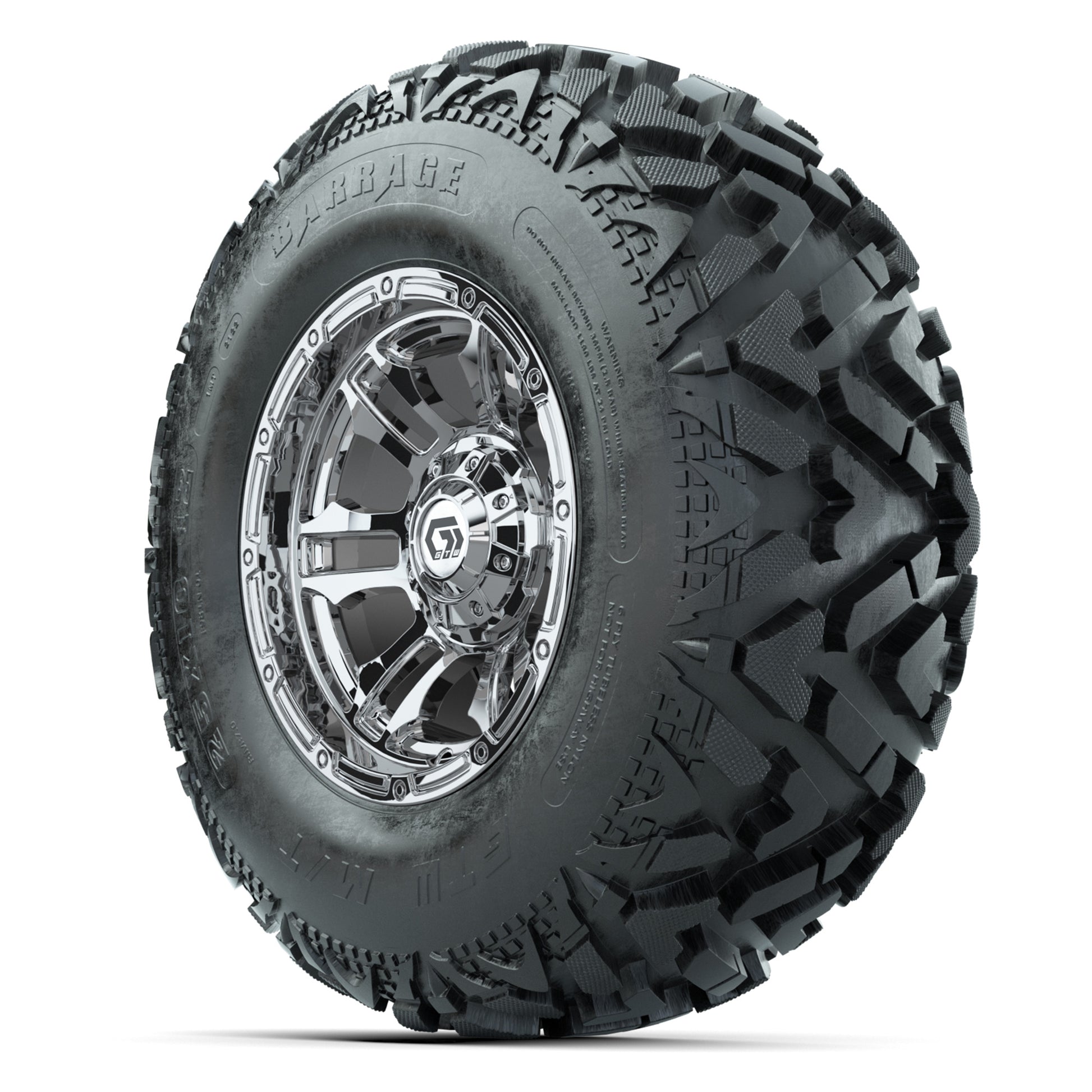 GTW® Shogun Chrome 12 in Wheels with 25X10-12 Barrage Mud Tires – Full Set