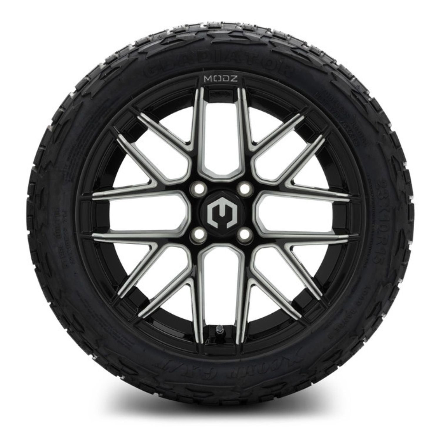 MODZ® 15" Matrix Glossy Black with Ball Mill Wheels & Off-Road Tires Combo (Xcomp Gladiator Steel Belted Radial 23x10-15)