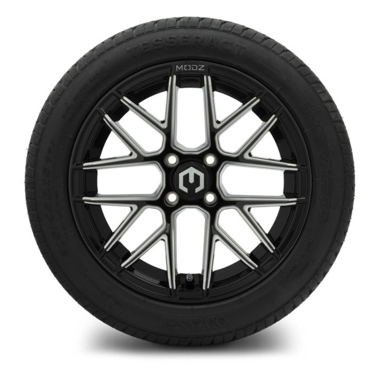 MODZ® 15" Matrix Glossy Black with Ball Mill Wheels & Street Tires Combo (Odyssey Tesseract Steel-Belted Radial 215/45-R15)