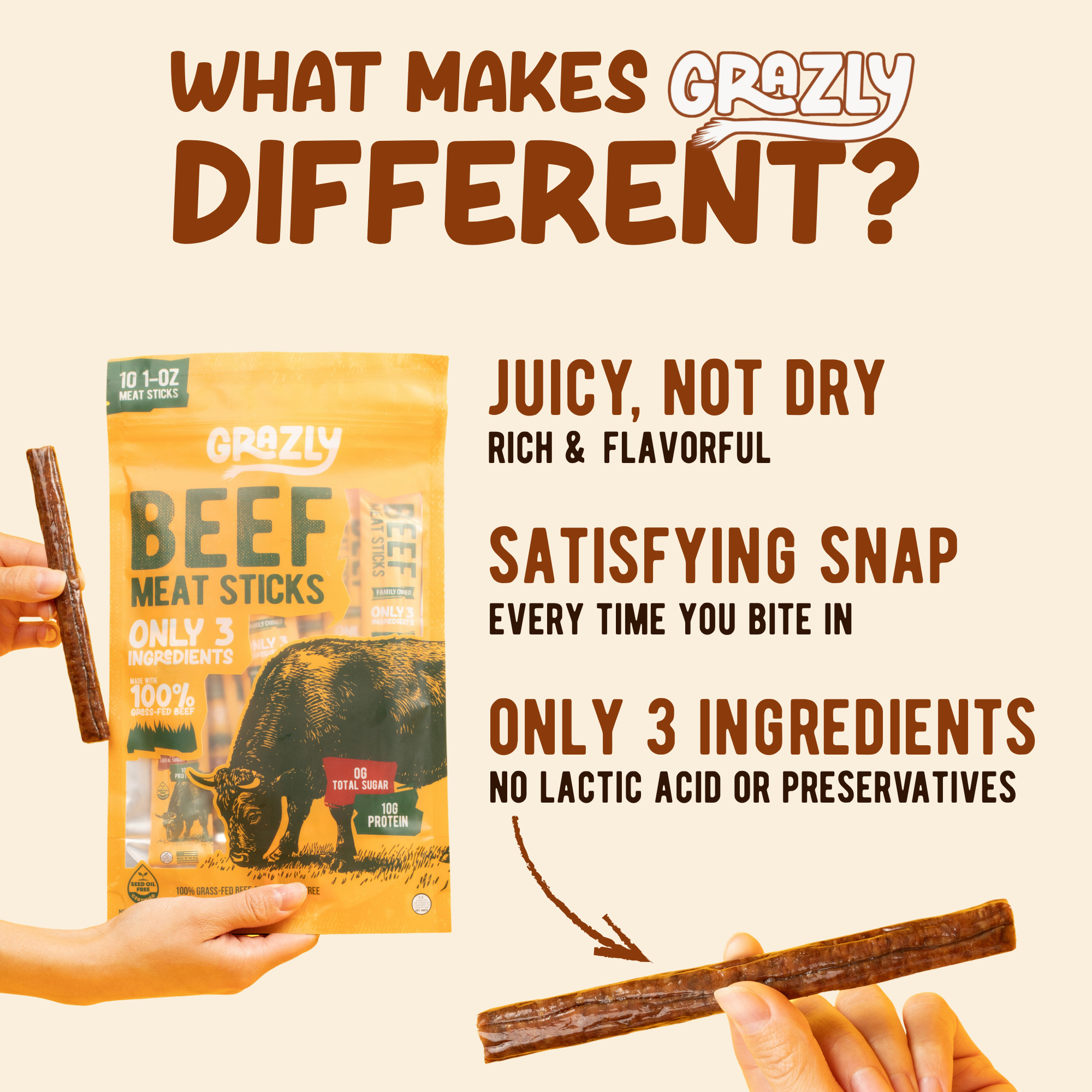 Plain Beef Meat Sticks - 100% Grass-Fed & Finished