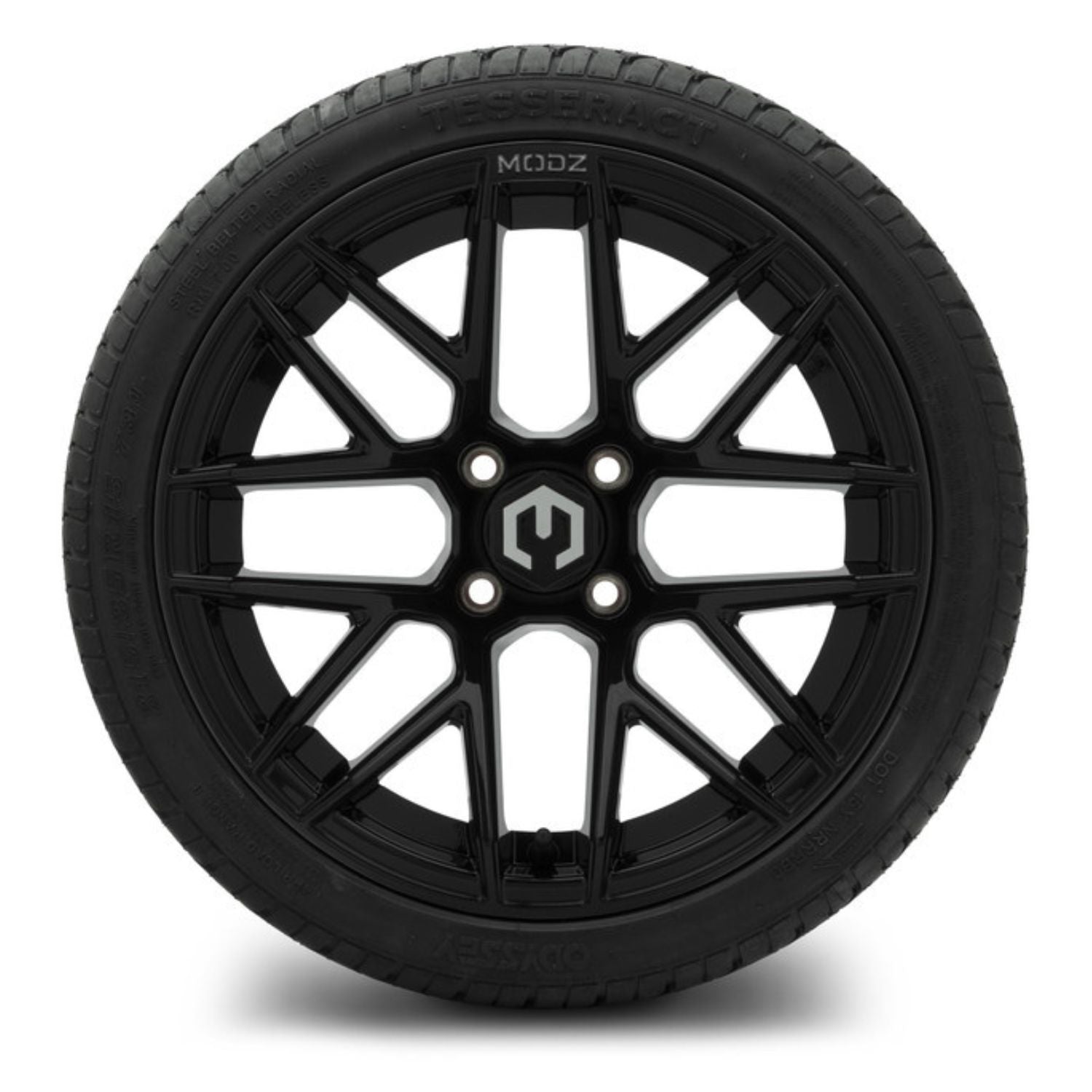 MODZ® 15" Matrix Glossy Black Wheels & Street Tires Combo (Odyssey Tesseract Steel-Belted Radial 215/35-R15)