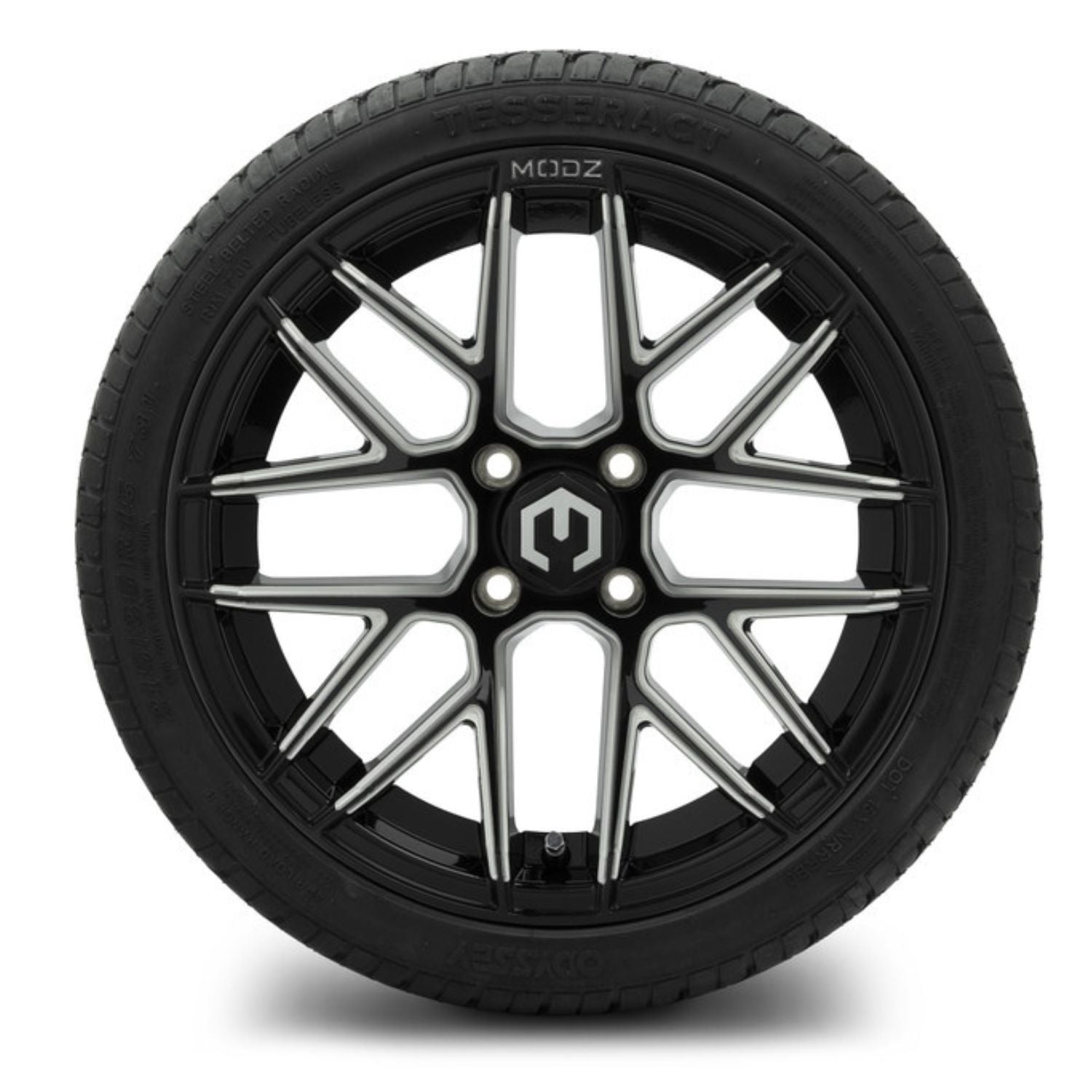 MODZ® 15" Matrix Glossy Black with Ball Mill Wheels & Street Tires Combo (Odyssey Tesseract Steel-Belted Radial 215/35-R15)